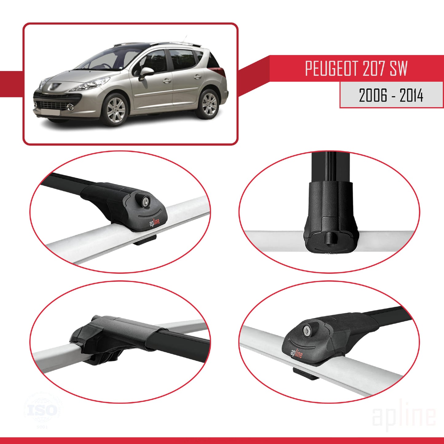 Compatible avec Peugeot 207 Break 2006-2014 ACE-1 Barres de Toit Railing Porte-Bagages de Voiture Noir Aluminium 3 Barres