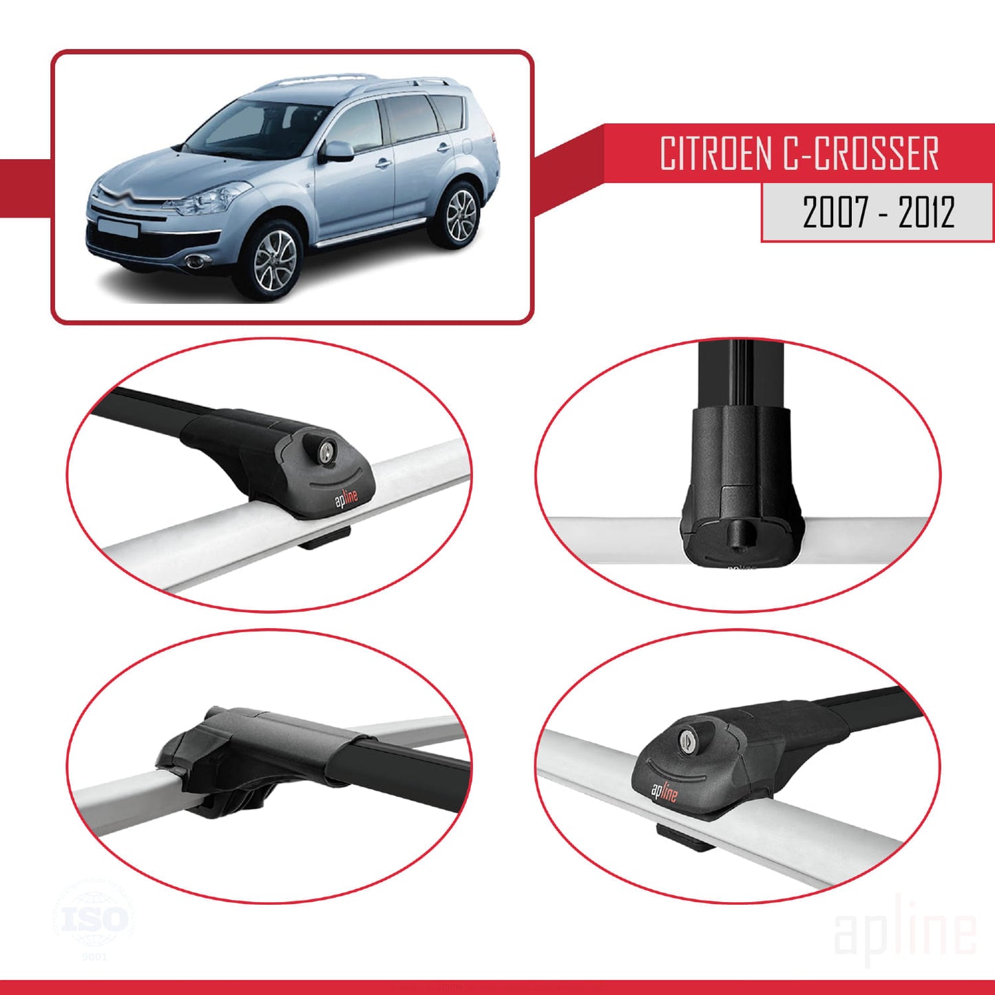 Compatibile con Citroen C-Crosser 2007-2012 ACE-1 Barre portatutto per auto Portapacchi in alluminio nero 2 barre