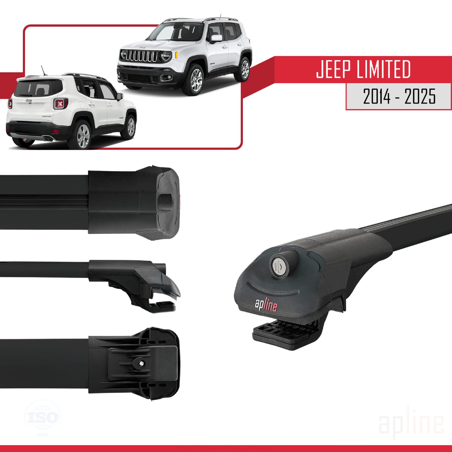 Compatible avec Jeep Limited 2014-2025 ACE-1 Barres de Toit Railing Porte-Bagages de Voiture Noir Aluminium 3 Barres