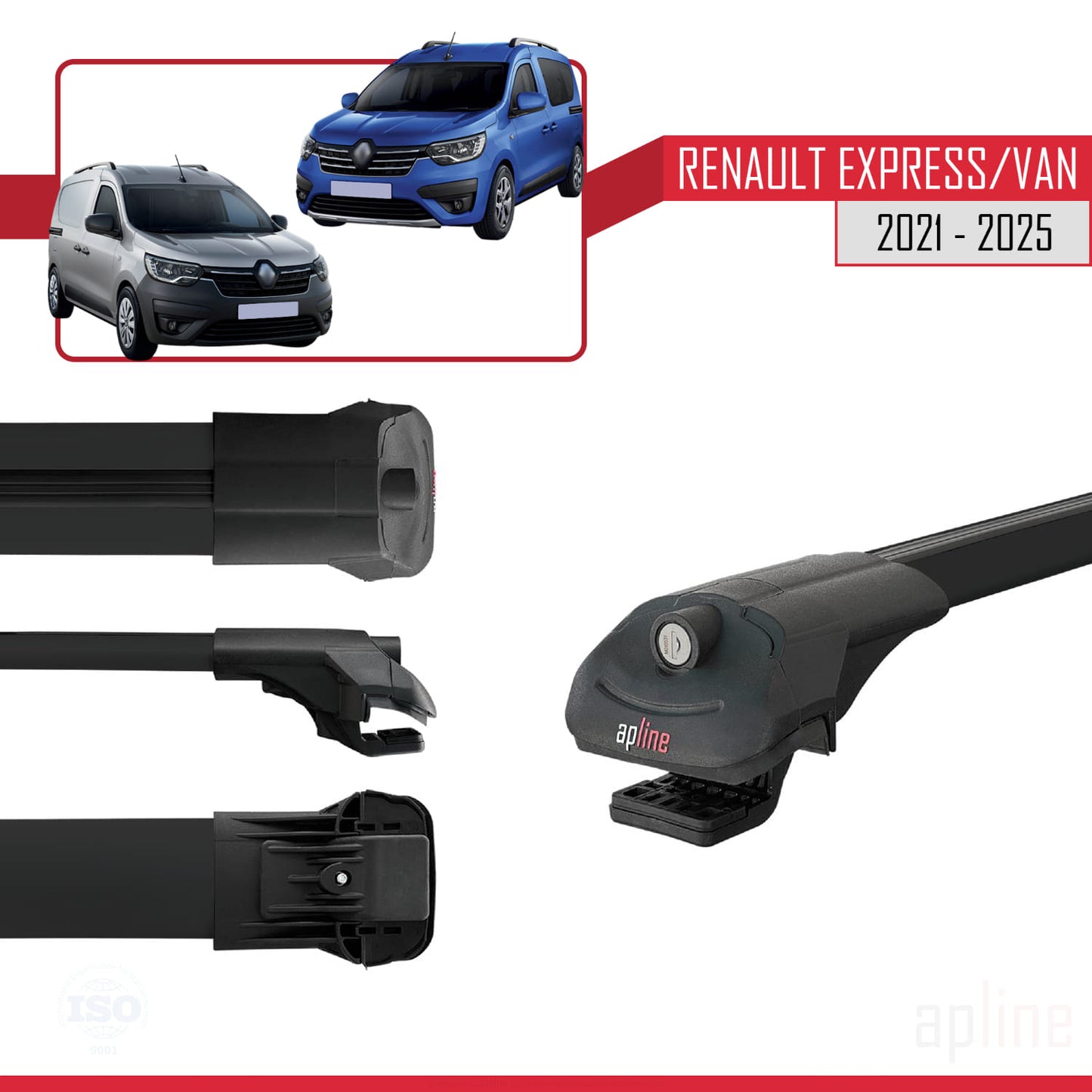 Compatible avec Renault Express 2021-2025 ACE-1 Barres de Toit Railing Porte-Bagages de Voiture Noir Aluminium 3 Barres