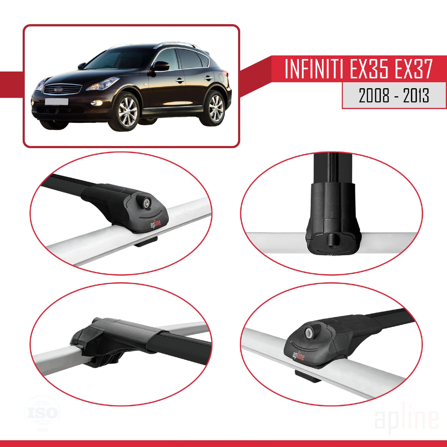 Compatible avec Infiniti EX35 EX37 2008-2013 ACE-1 Barres de Toit Railing Porte-Bagages de Voiture Noir Aluminium 3 Barres
