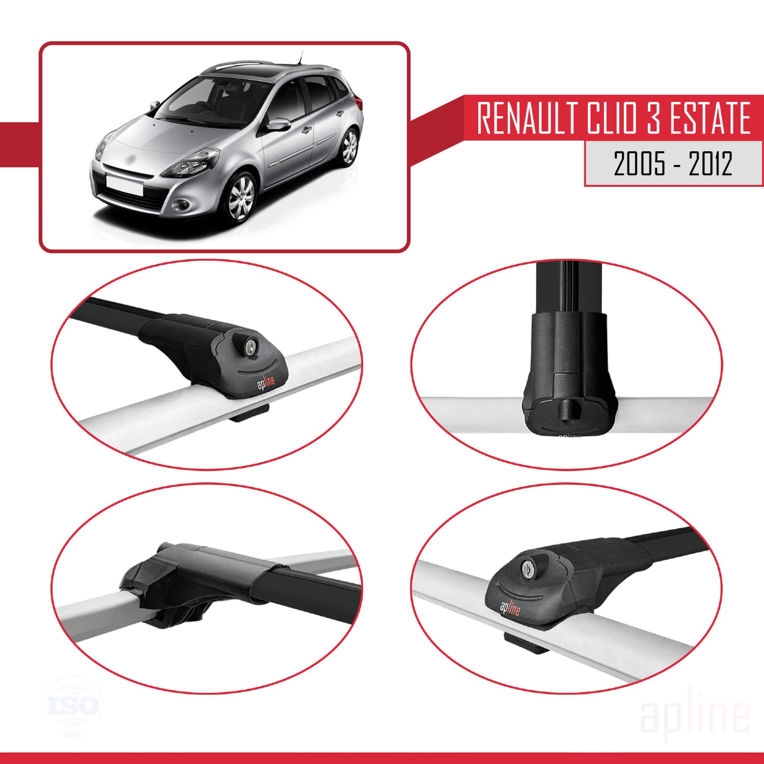 Compatible avec Renault Clio 3 Estate 2005-2012 ACE-1 Barres de Toit Railing Porte-Bagages de Voiture Noir Aluminium 3 Barres