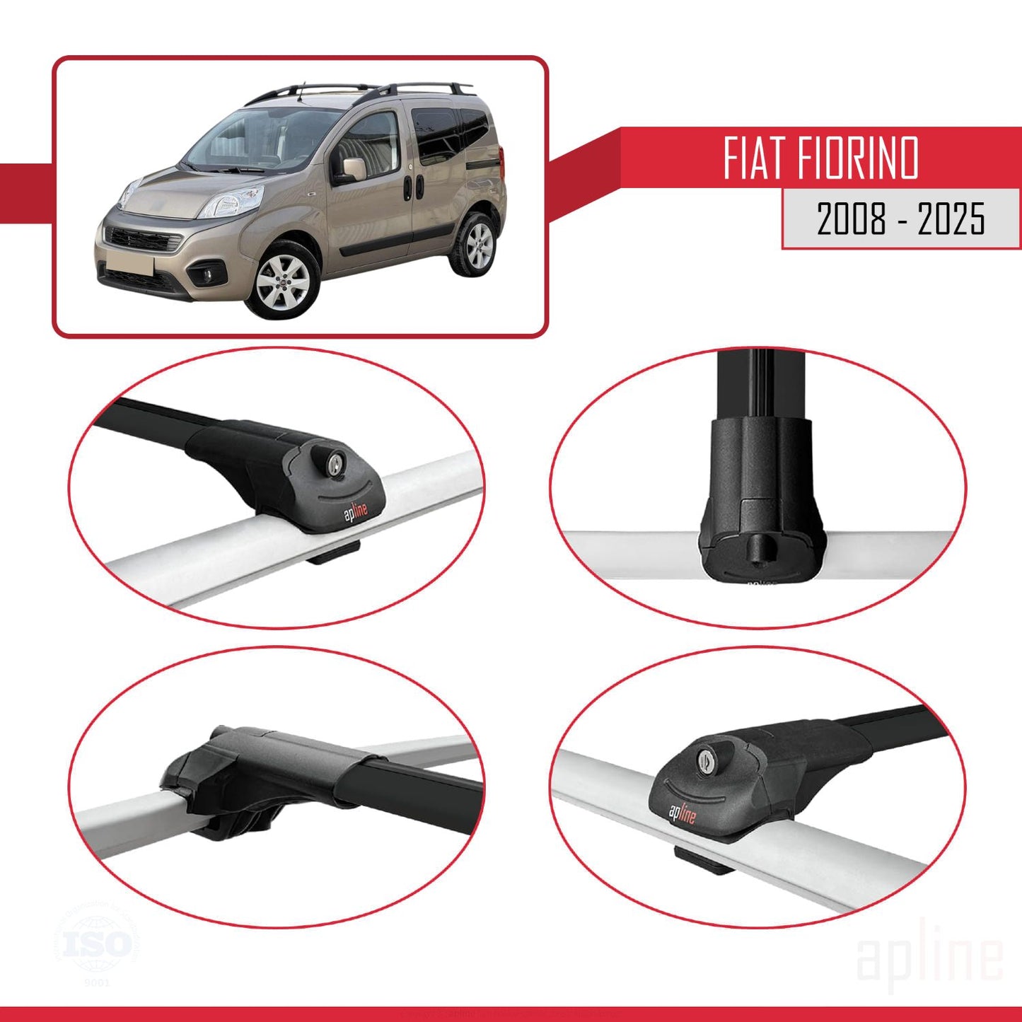 Compatible avec Fiat Fiorino (Modèle Tubulaire) 2008-2025 ACE-1 Barres de Toit Railing Porte-Bagages de Voiture Noir Aluminium 3 Barres