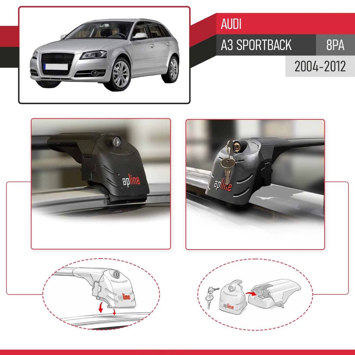 Compatibile con A3 (8PA) Sportback 2004-2012 ACE-2 Barre Tetto Portapacchi Auto Barre Portatutto Nero Alluminio 2 Barre