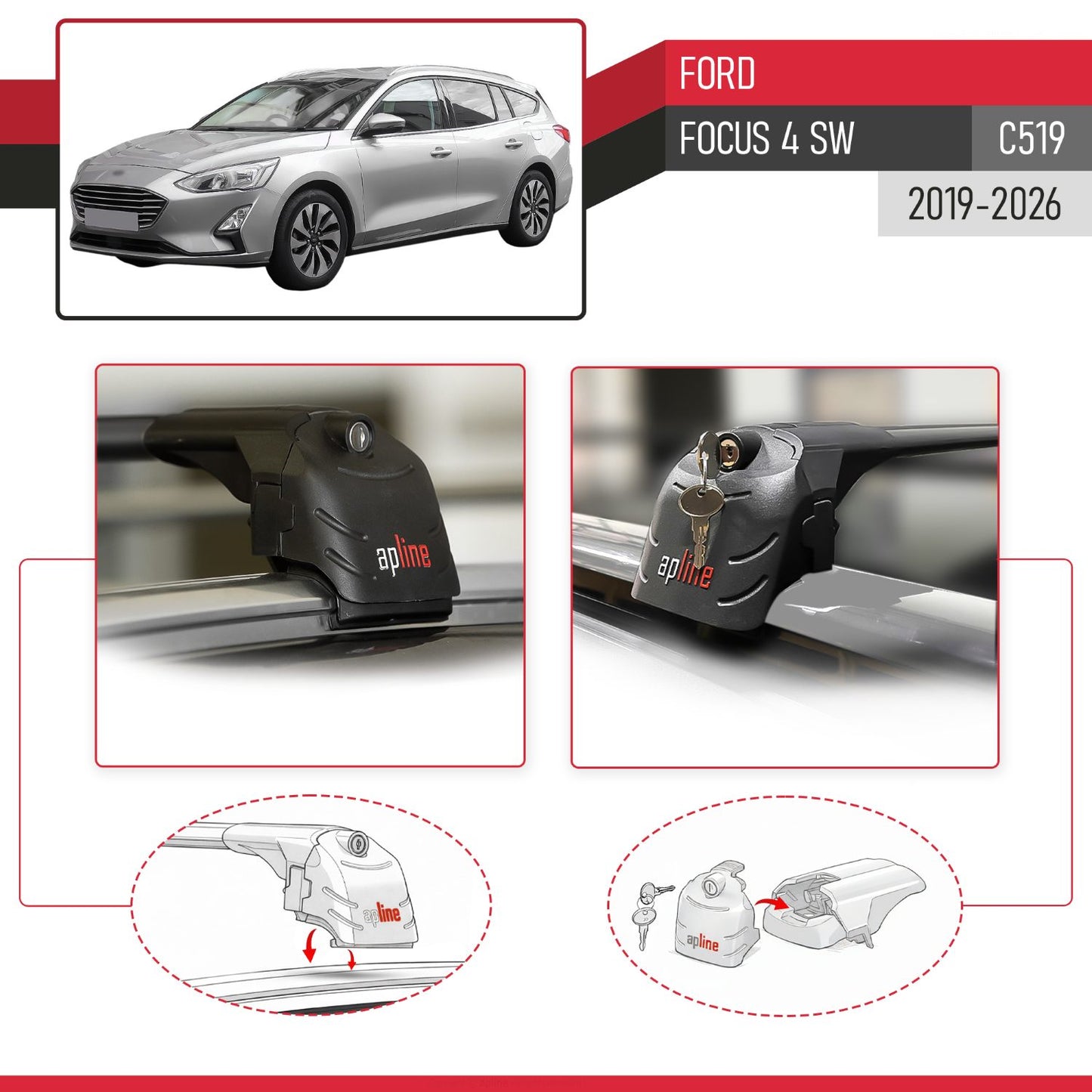 Compatibile con Ford Focus 4 (C519) SW 2019-2025 ACE-2 Barre Tetto Portapacchi Auto Barre Portatutto Nero Alluminio 2 Barre