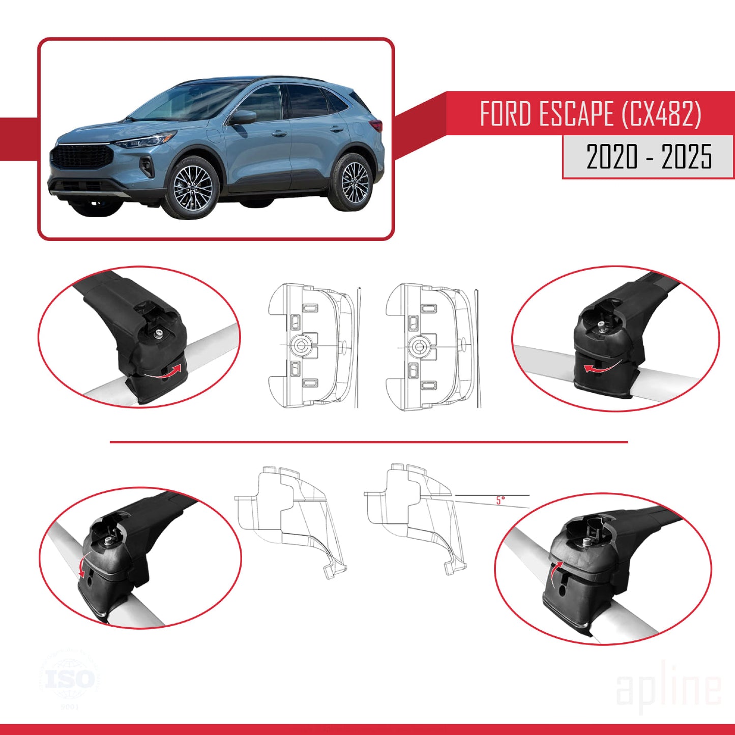 Compatibile con Ford Escape 4 (CX482) 2020-2025 ACE-2 Barre portatutto per auto Portapacchi in alluminio nero 2 barre