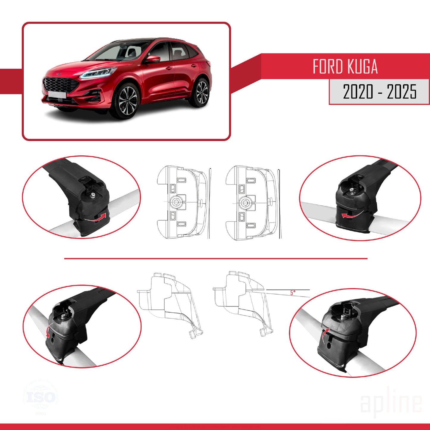 Compatibile con Ford Kuga 3 (CX482) 2020-2025 ACE-2 Barre portatutto per auto Portapacchi in alluminio nero 2 barre