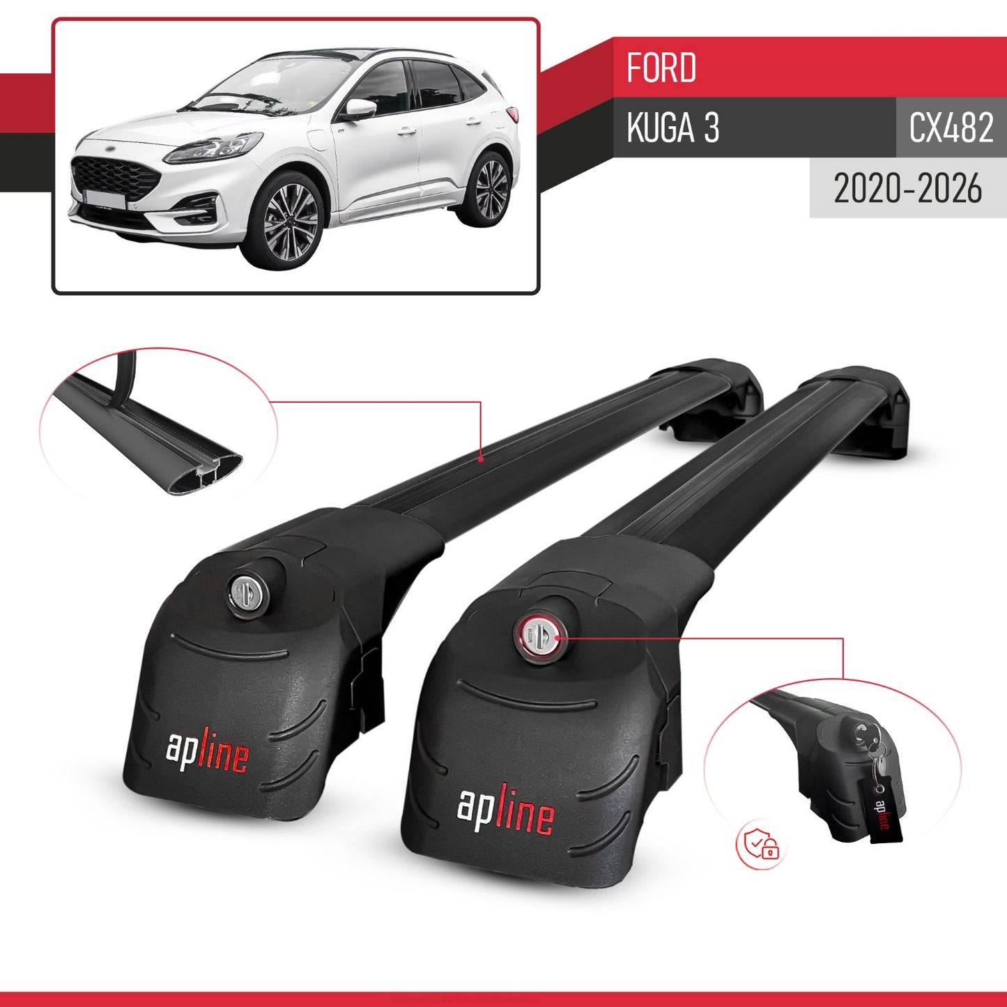 Compatibile con Ford Kuga 3 (CX482) 2020-2025 ACE-2 Barre Tetto Portapacchi Auto Barre Portatutto Nero Alluminio 2 Barre