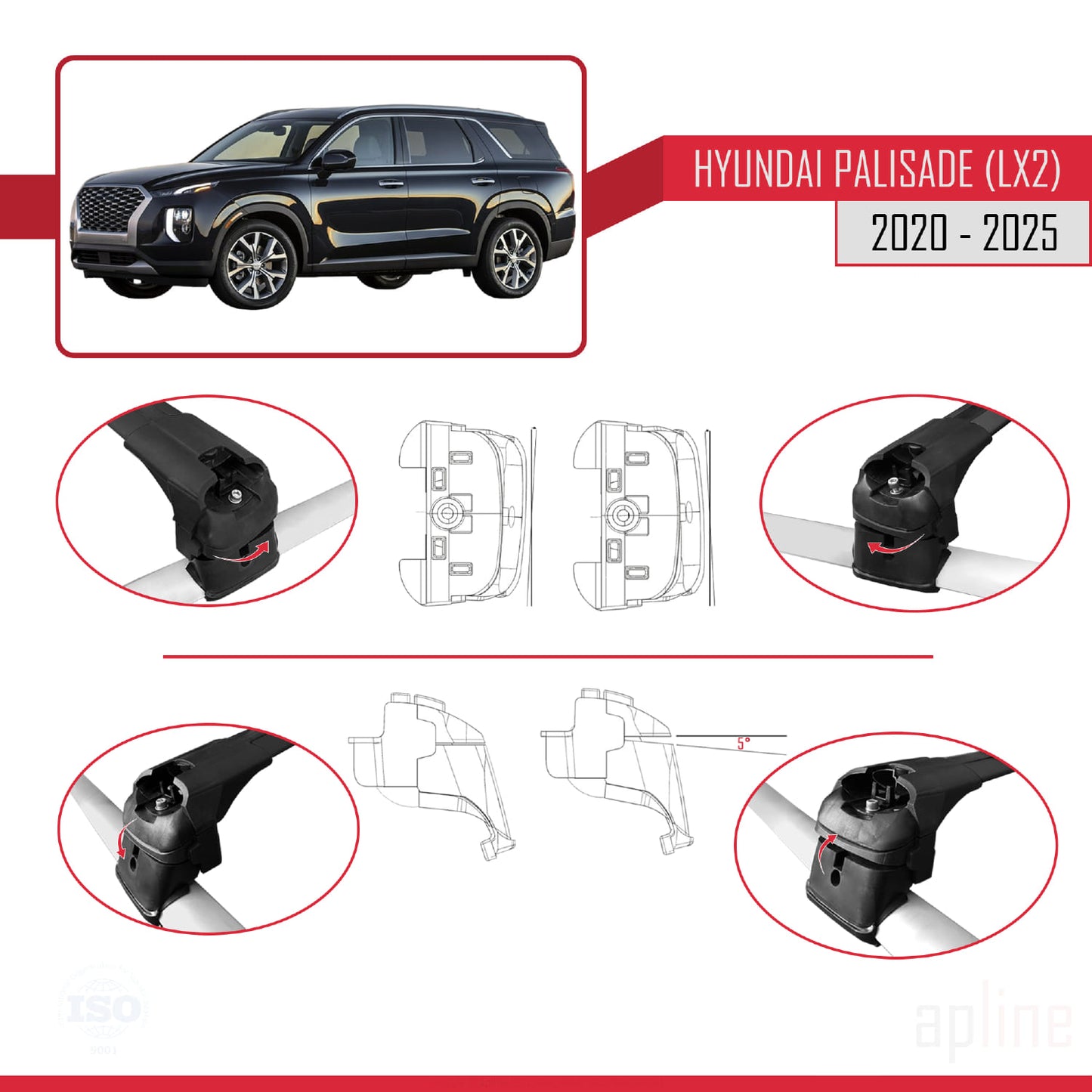 Compatibile con Hyundai Palisade (LX2) 2020-2025 ACE-2 Barre portatutto per auto, barre portatutto in alluminio nero, 2 barre