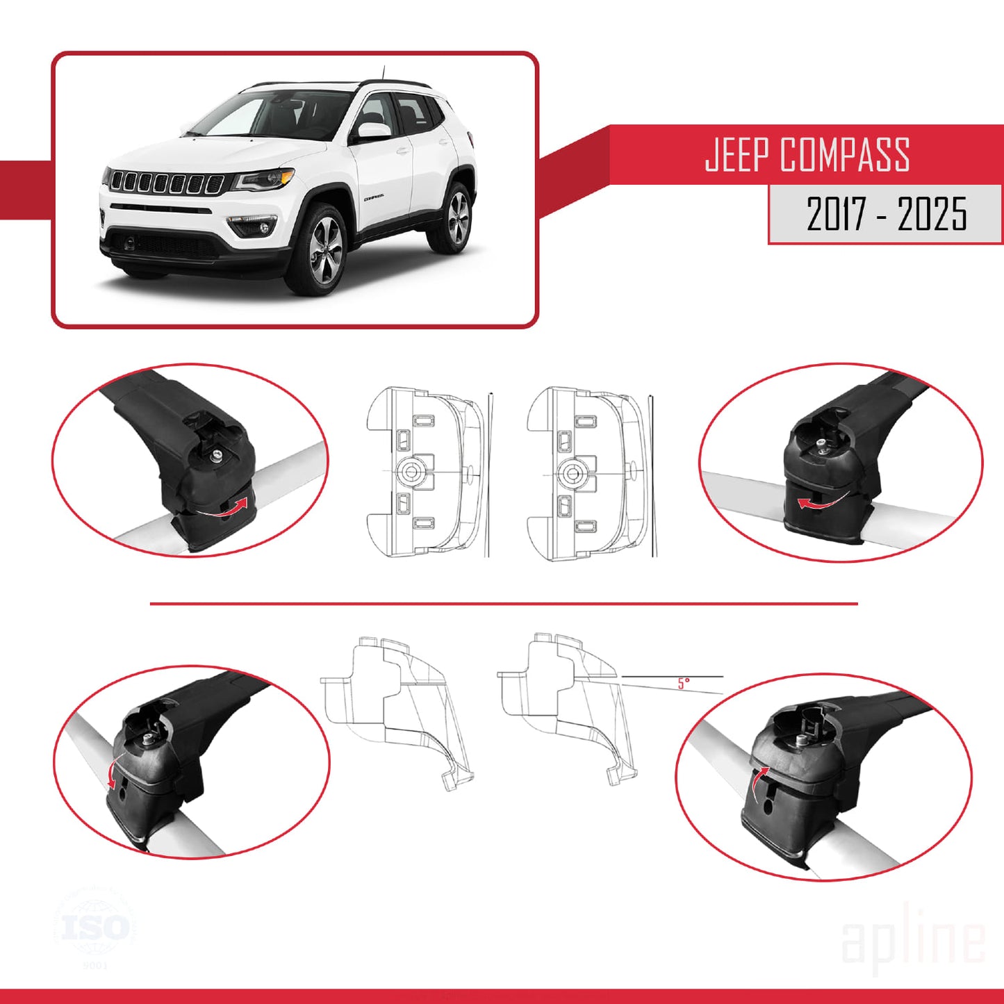 Compatible avec Jeep Compass 2017-2025 ACE-2 Barres de Toit Railing Porte-Bagages de Voiture Noir Aluminium 2 Barres