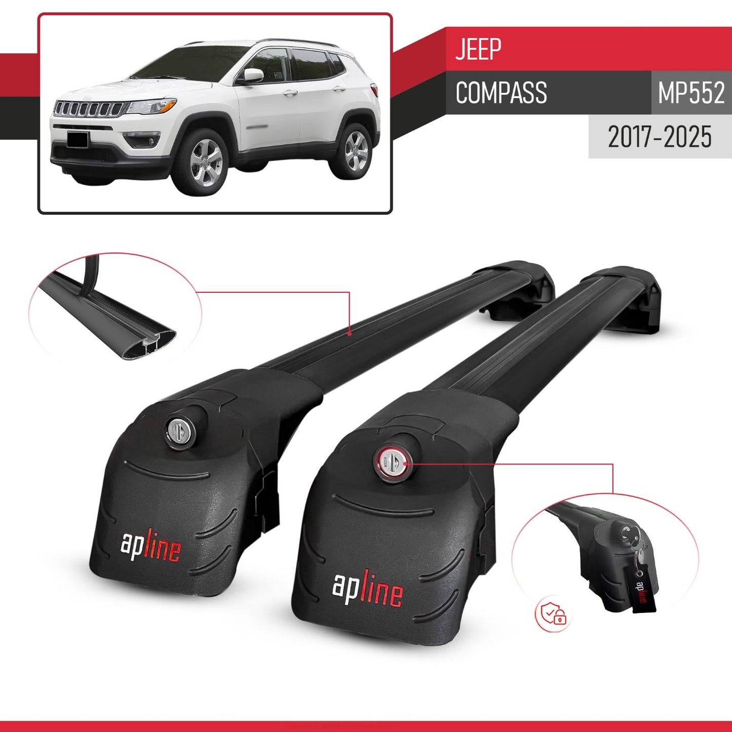 Compatibile con Jeep Compass 2017-2025 ACE-2 Barre Tetto Portapacchi Auto Barre Portatutto Nero Alluminio 2 Barre