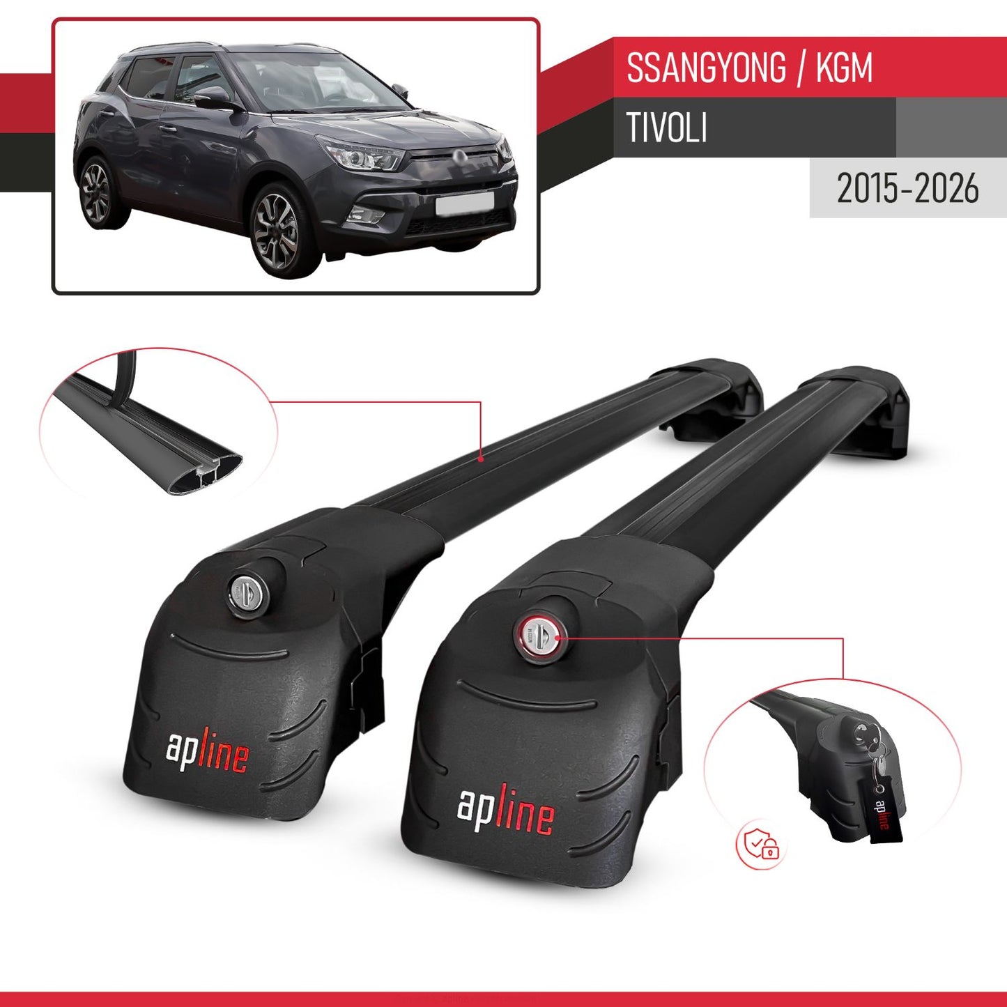 Compatibile con Ssangyong Tivoli 2015-2025 ACE-2 Barre Tetto Portapacchi Auto Barre Portatutto Nero Alluminio 2 Barre