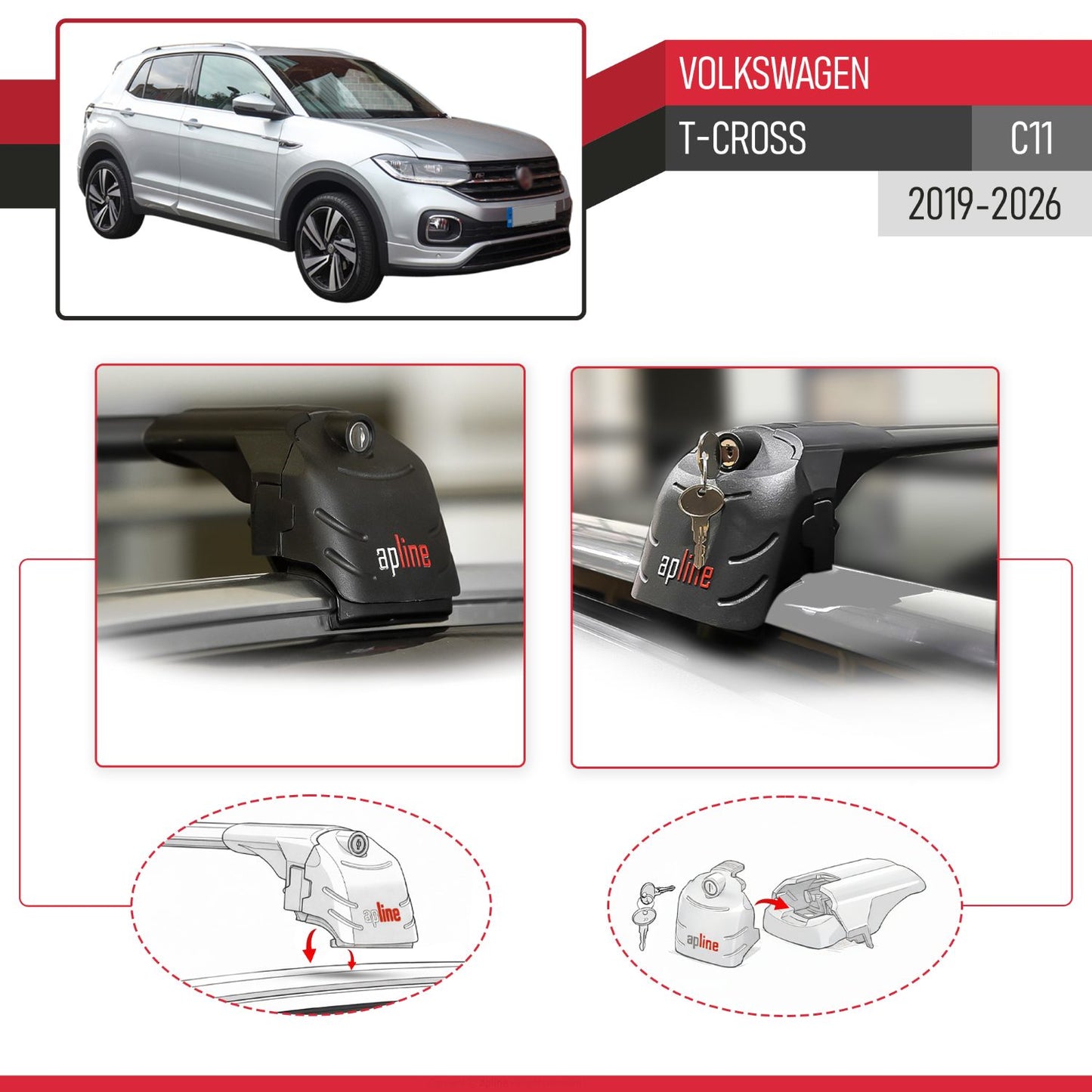 Compatibile con Volkswagen T-Cross (C11) 2019-2025 ACE-2 Barre Tetto Portapacchi Auto Barre Portatutto Nero Alluminio 2 Barre