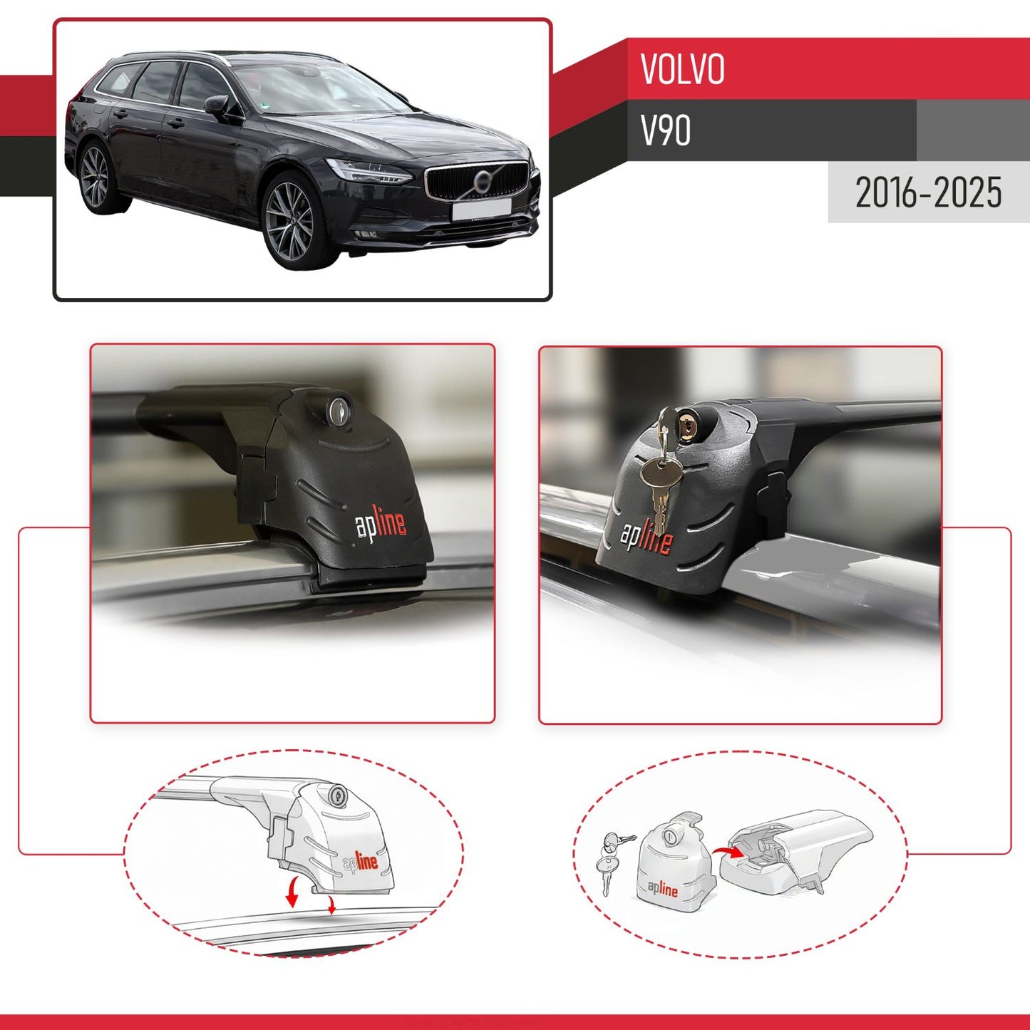 Compatibile con Volvo V90 2017-2025 ACE-2 Barre Tetto Portapacchi Auto Barre Portatutto Nero Alluminio 2 Barre
