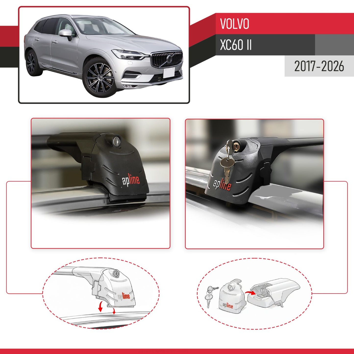 Compatibile con Volvo XC60 II 2017-2025 ACE-2 Barre Tetto Portapacchi Auto Barre Portatutto Nero Alluminio 2 Barre