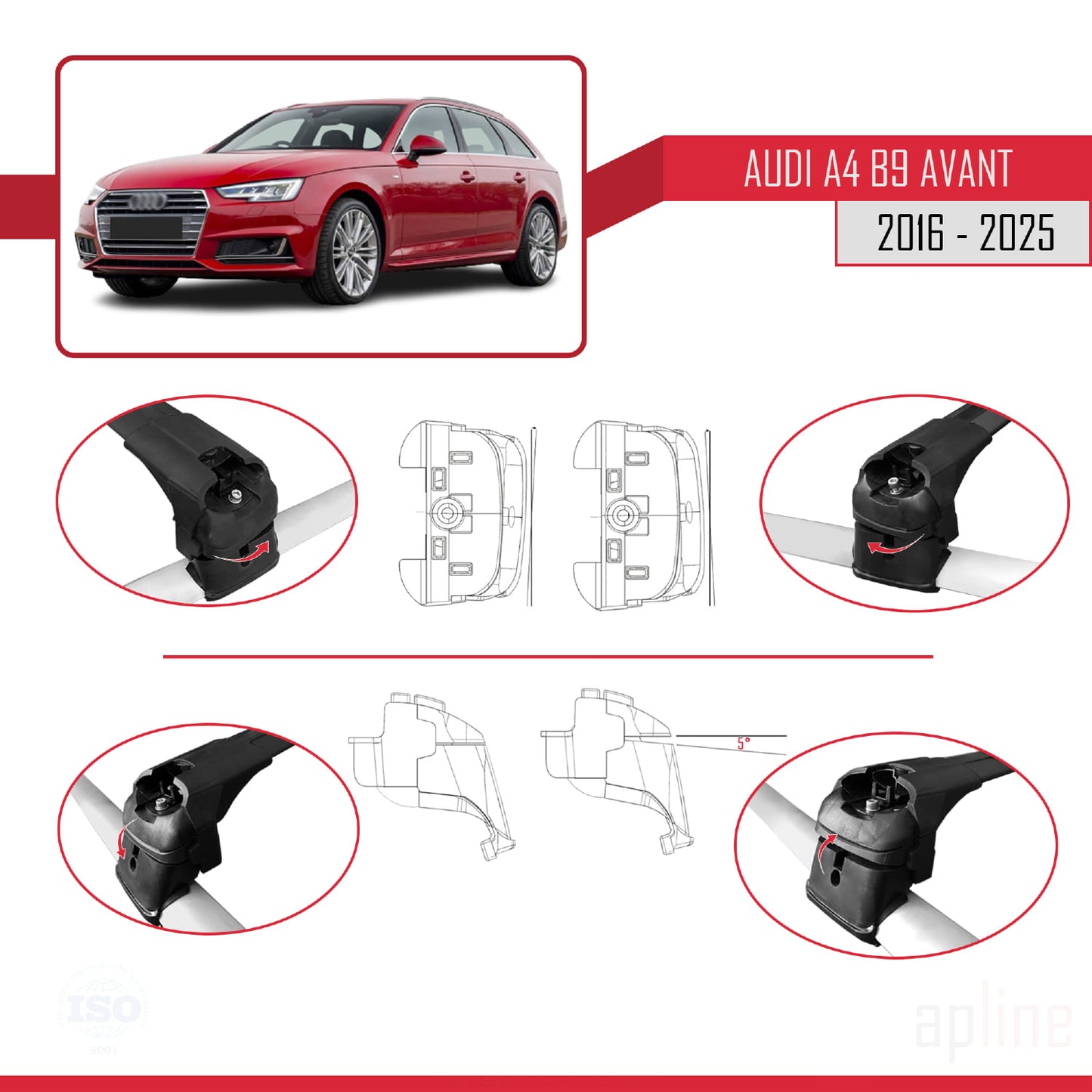 Kompatibel mit A4 (B9) Avant 2016-2025 ACE-2 Dachgepäckträger, schwarzes Aluminium, 2 Stangen