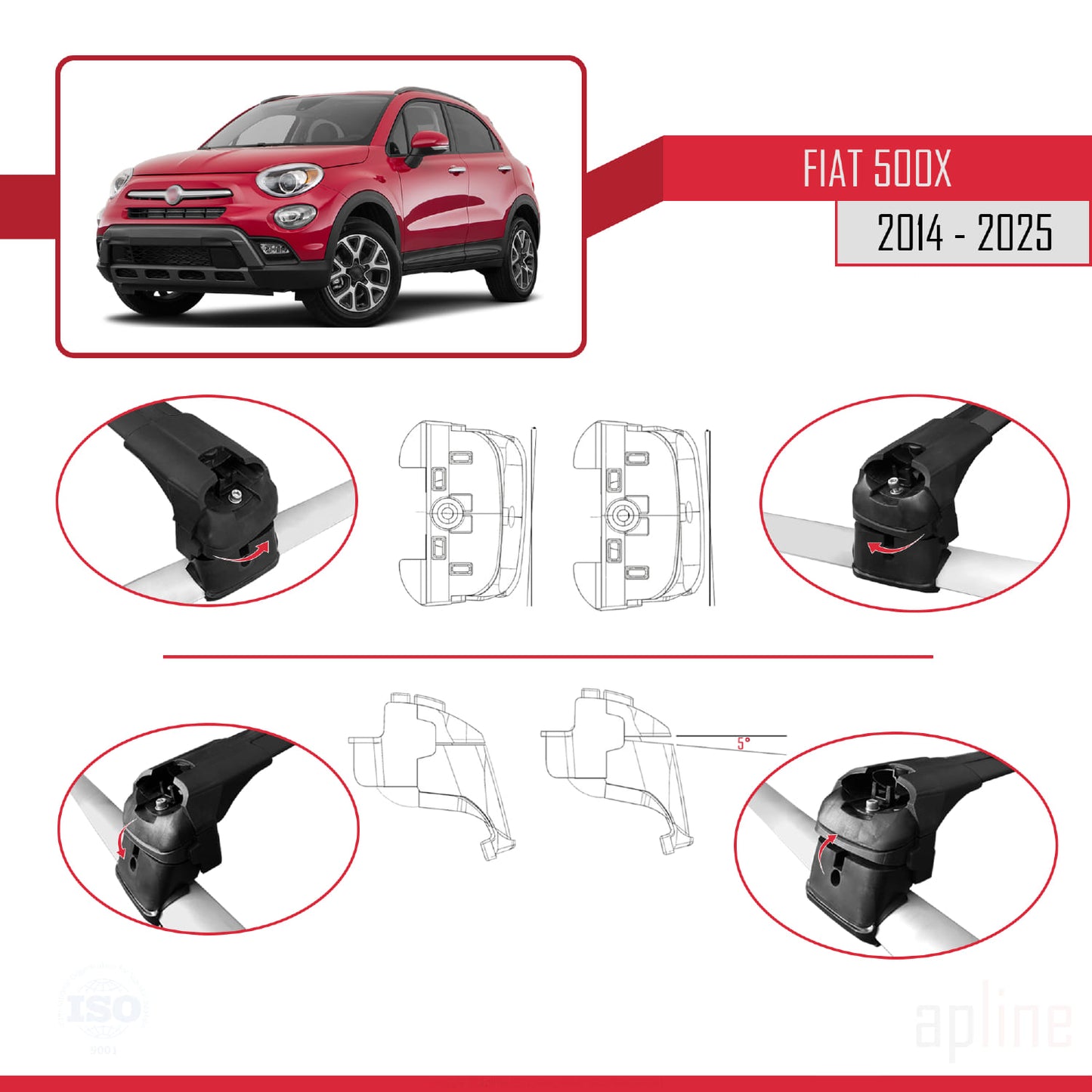 Compatibile con Fiat 500X 2014-2025 ACE-2 Barre Portatutto Portapacchi Auto Alluminio Nero 2 Barre
