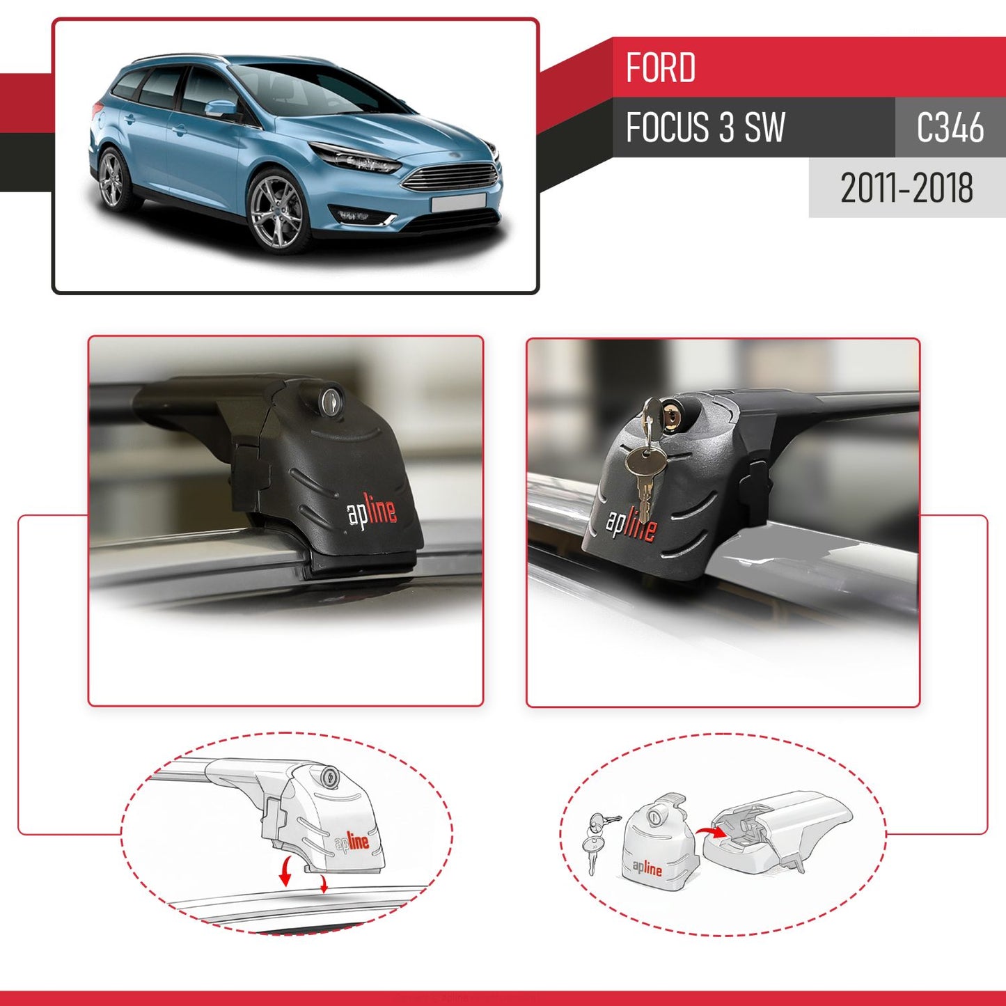 Compatible with Ford Focus 3 (C346) SW 2011-2018 ACE-2 Car Roof Rack Cross Bar Black Aluminium 2 Bars