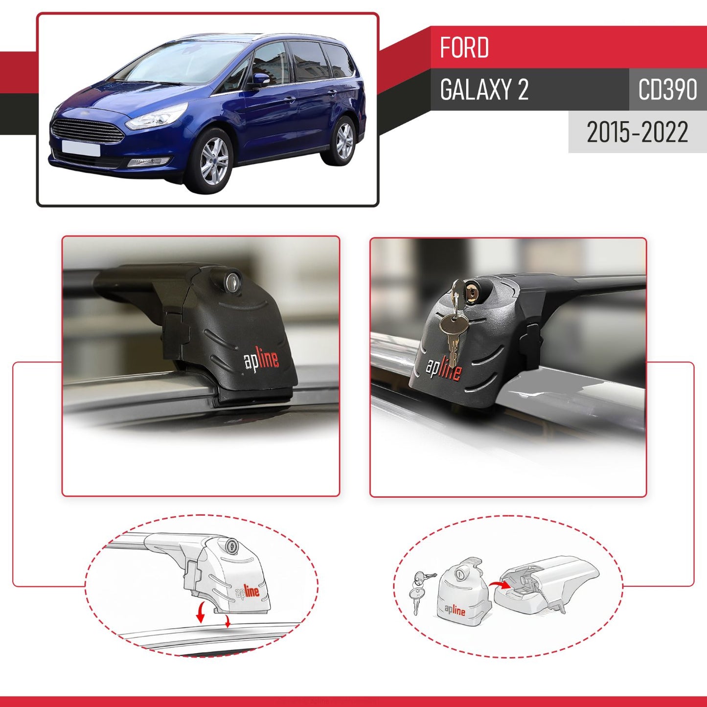 Compatibile con Ford Galaxy 2 (CD390) 2015-2022 ACE-2 Barre Tetto Portapacchi Auto Barre Portatutto Nero Alluminio 2 Barre