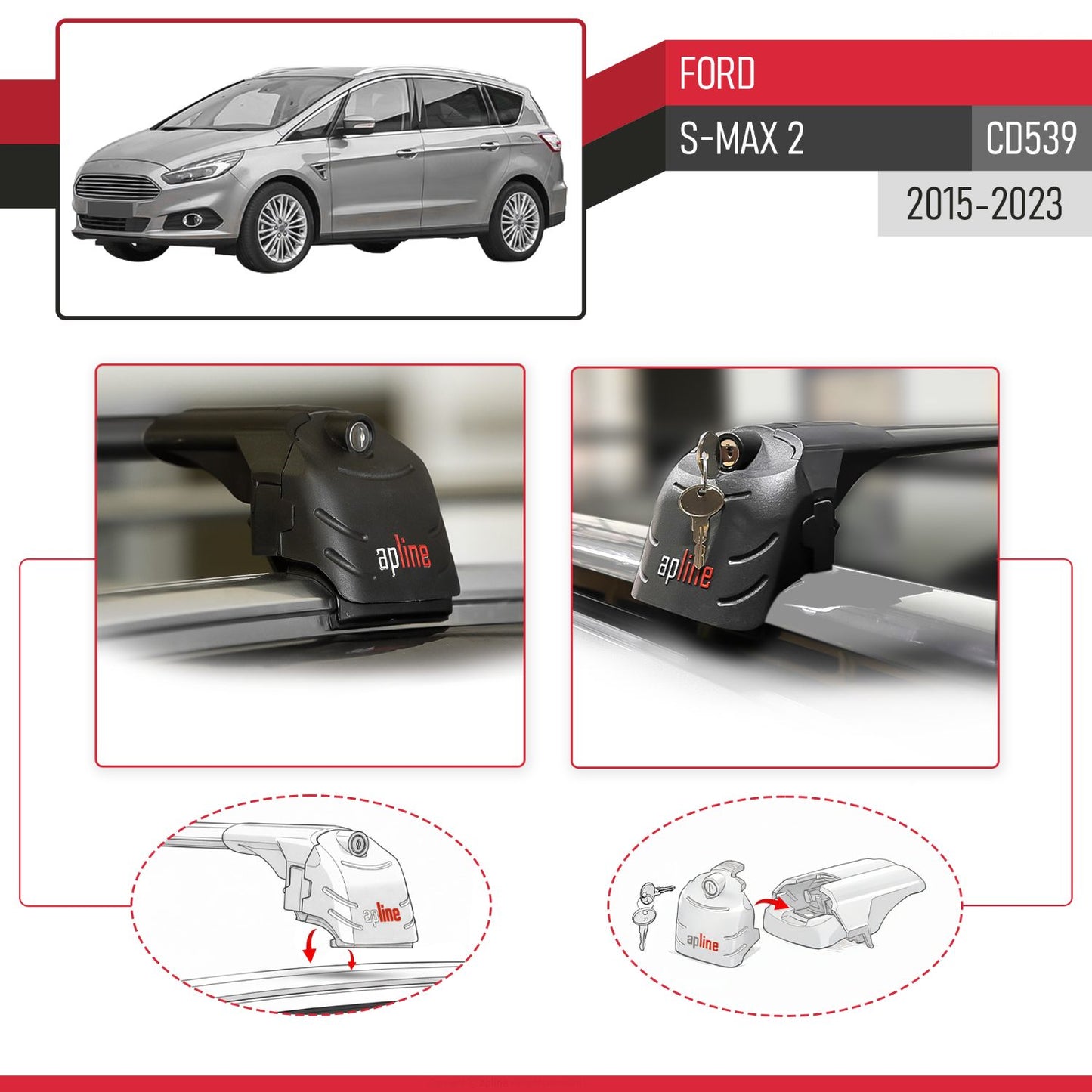 Compatibile con Ford S-Max 2 (CD539) 2015-2023 ACE-2 Barre Tetto Portapacchi Auto Barre Portatutto Nero Alluminio 2 Barre