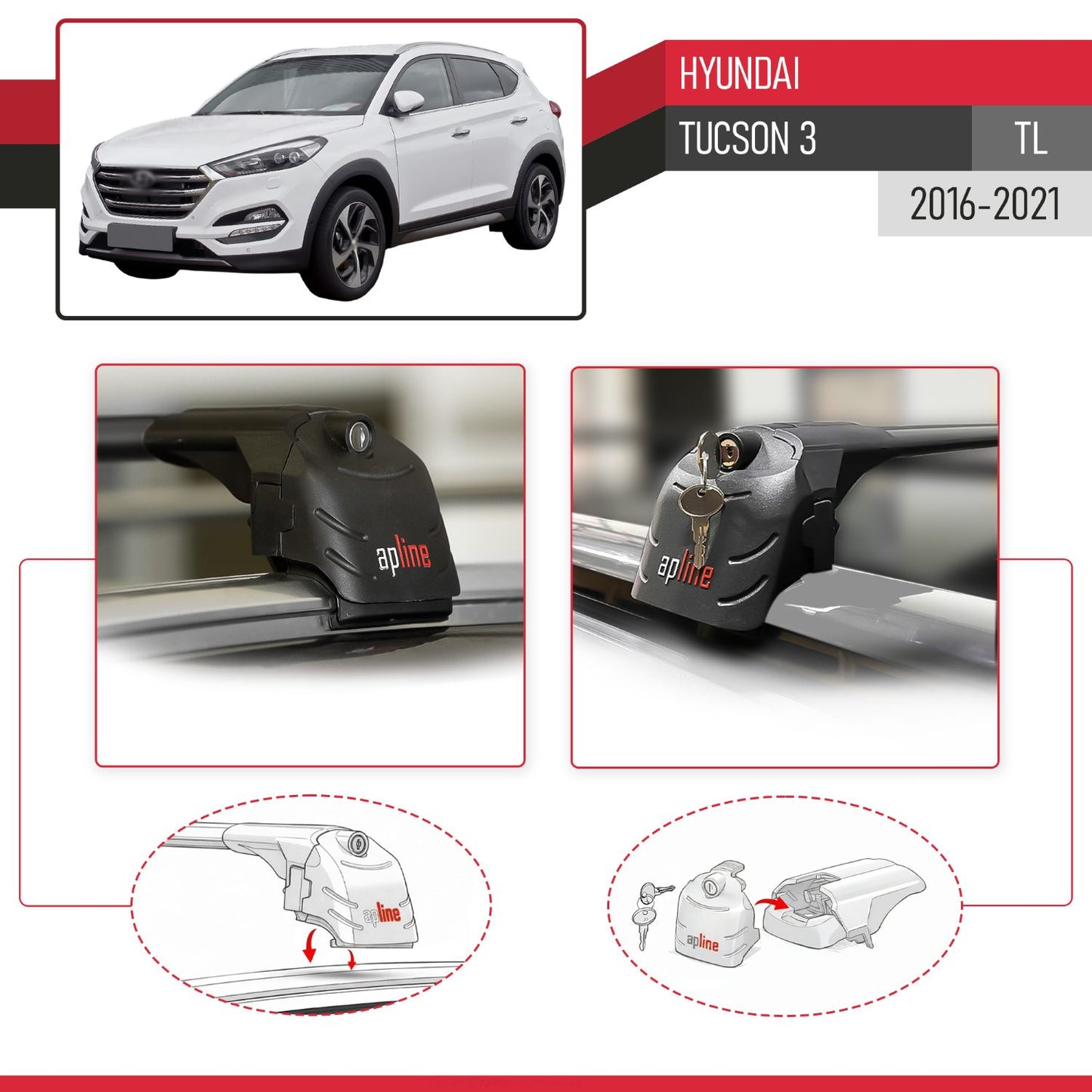 Compatibile con Hyundai Tucson 3 (TL) 2016-2021 ACE-2 Barre Tetto Portapacchi Auto Barre Portatutto Nero Alluminio 2 Barre