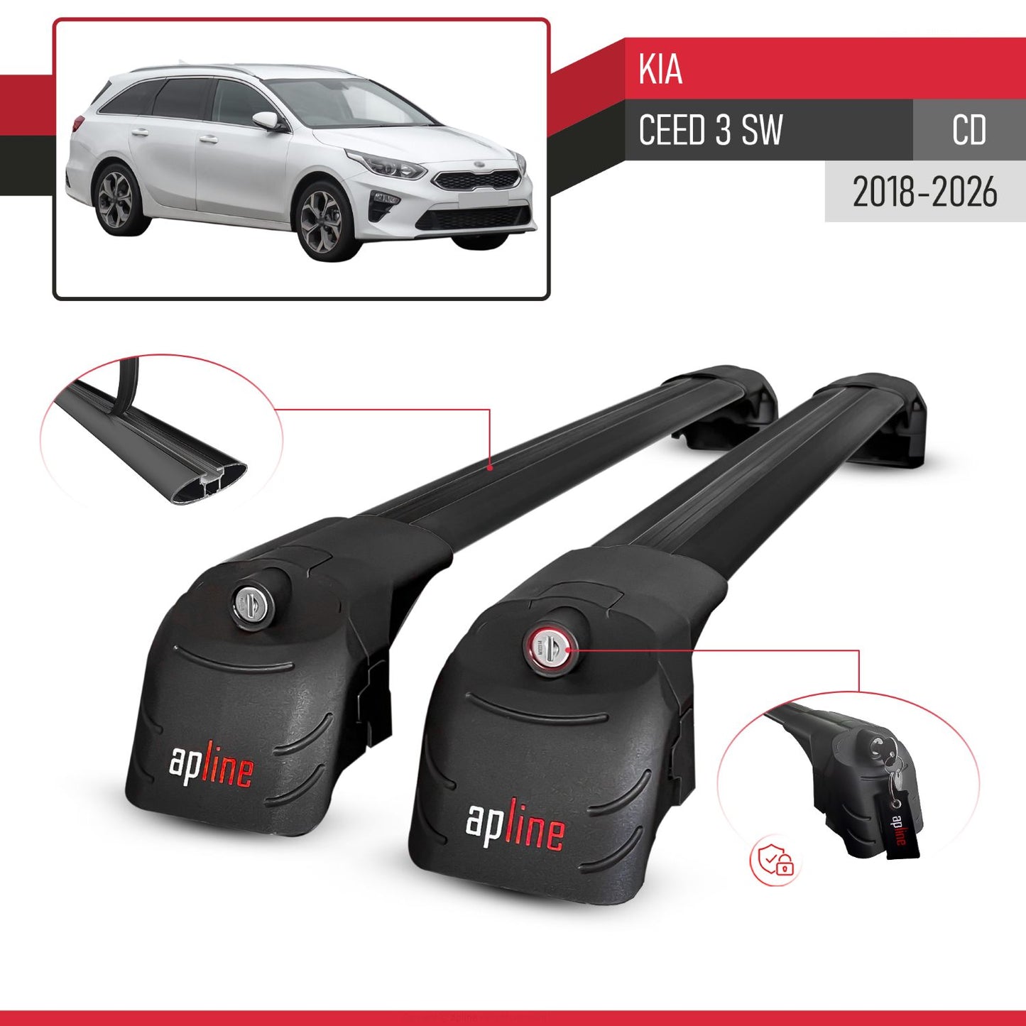 Compatibile con Kia Ceed 3 (CD) SW 2019-2025 ACE-2 Barre Tetto Portapacchi Auto Barre Portatutto Nero Alluminio 2 Barre