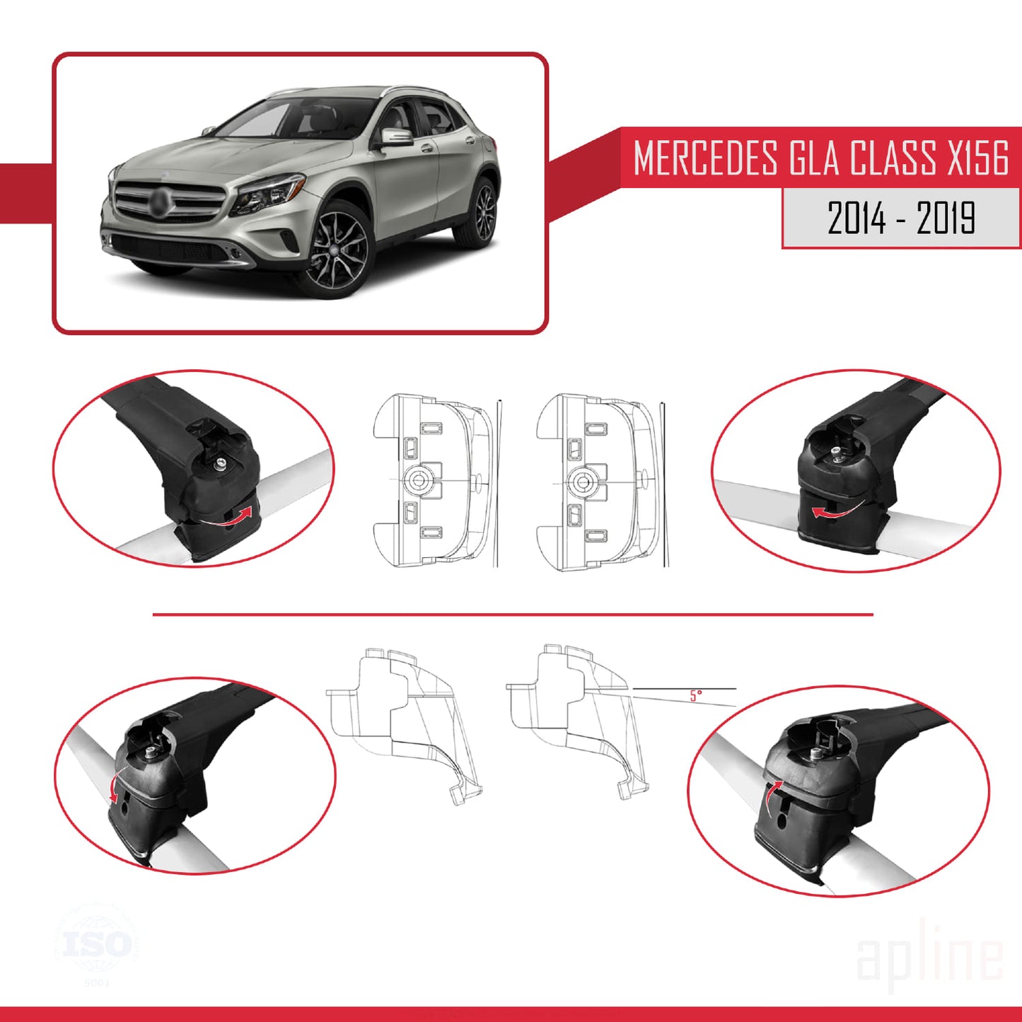 Compatible avec Mercedes Classe GLA (X156) 2014-2019 ACE-2 Barres de Toit Railing Porte-Bagages de Voiture Noir Aluminium 2 Barres