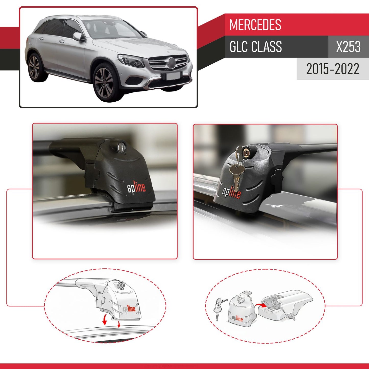 Compatible with Mercedes GLC Class (X253) 2016-2022 ACE-2 Car Roof Rack Cross Bar Black Aluminium 2 Bars