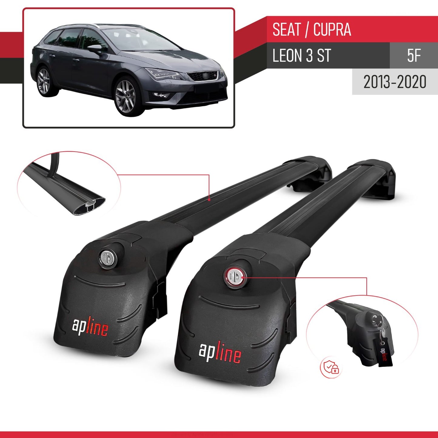 Compatibile con Seat Leon 3 (5F) Cupra ST 2013-2020 ACE-2 Barre Tetto Portapacchi Auto Barre Portatutto Nero Alluminio 2 Barre