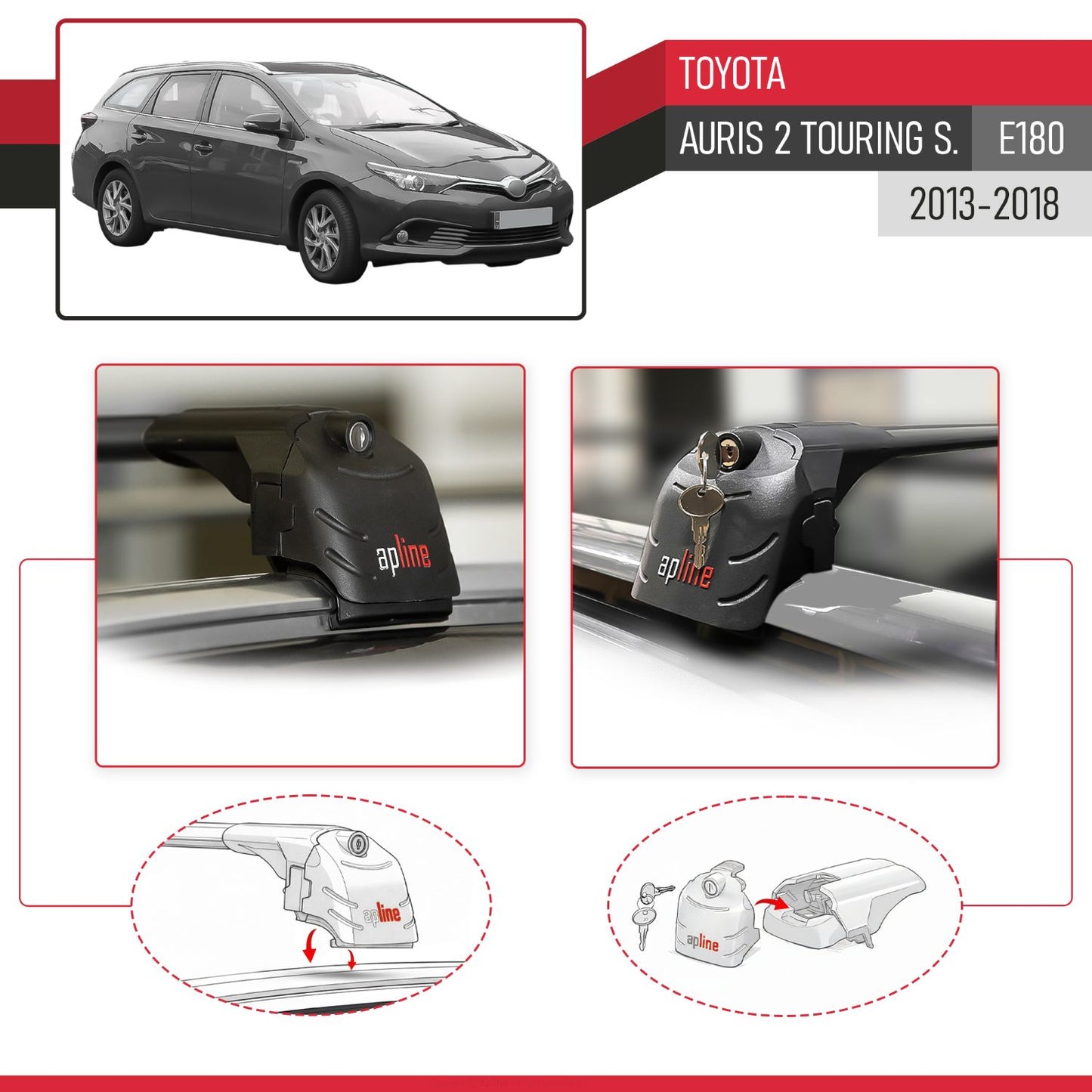 Compatibile con Toyota Auris 2 (E180) Touring Sports 2013-2018 ACE-2 Barre Tetto Portapacchi Auto Barre Portatutto Nero Alluminio 2 Barre