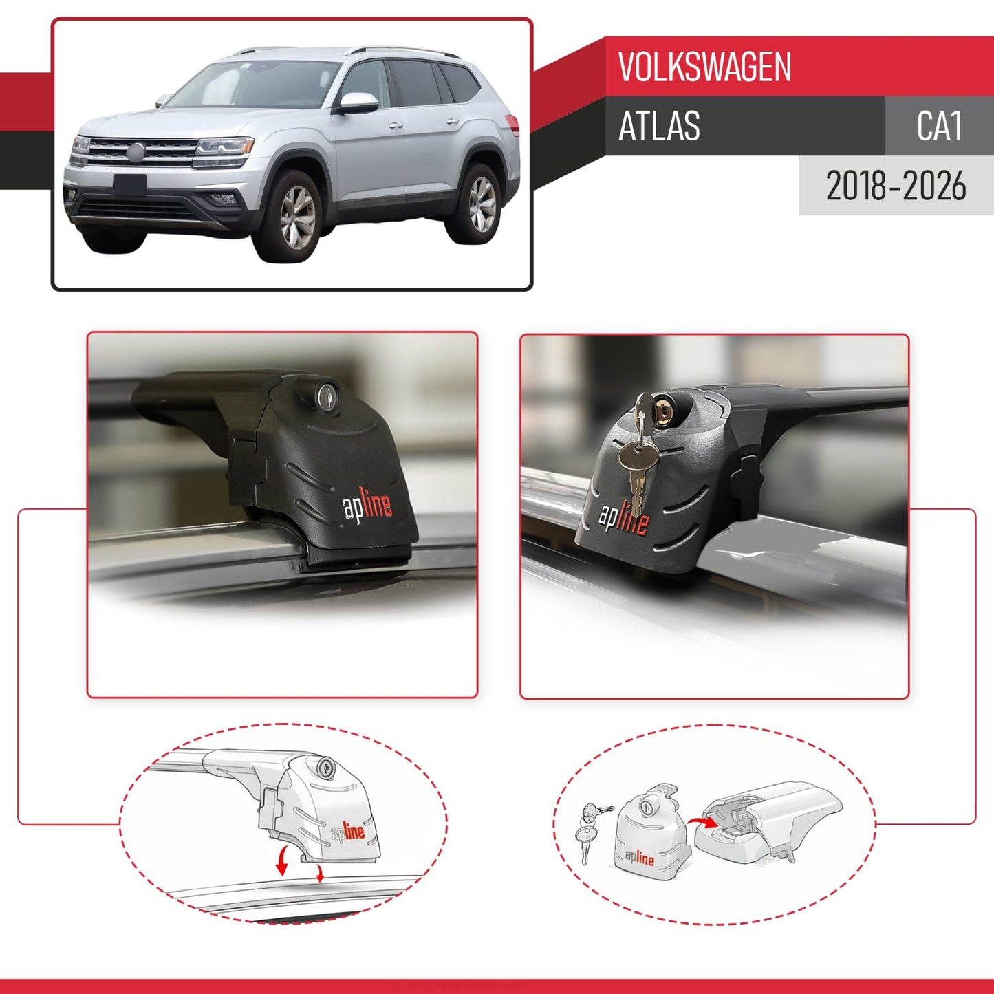 Compatibile con Volkswagen Atlas (CA1) 2018-2025 ACE-2 Barre Tetto Portapacchi Auto Barre Portatutto Nero Alluminio 2 Barre