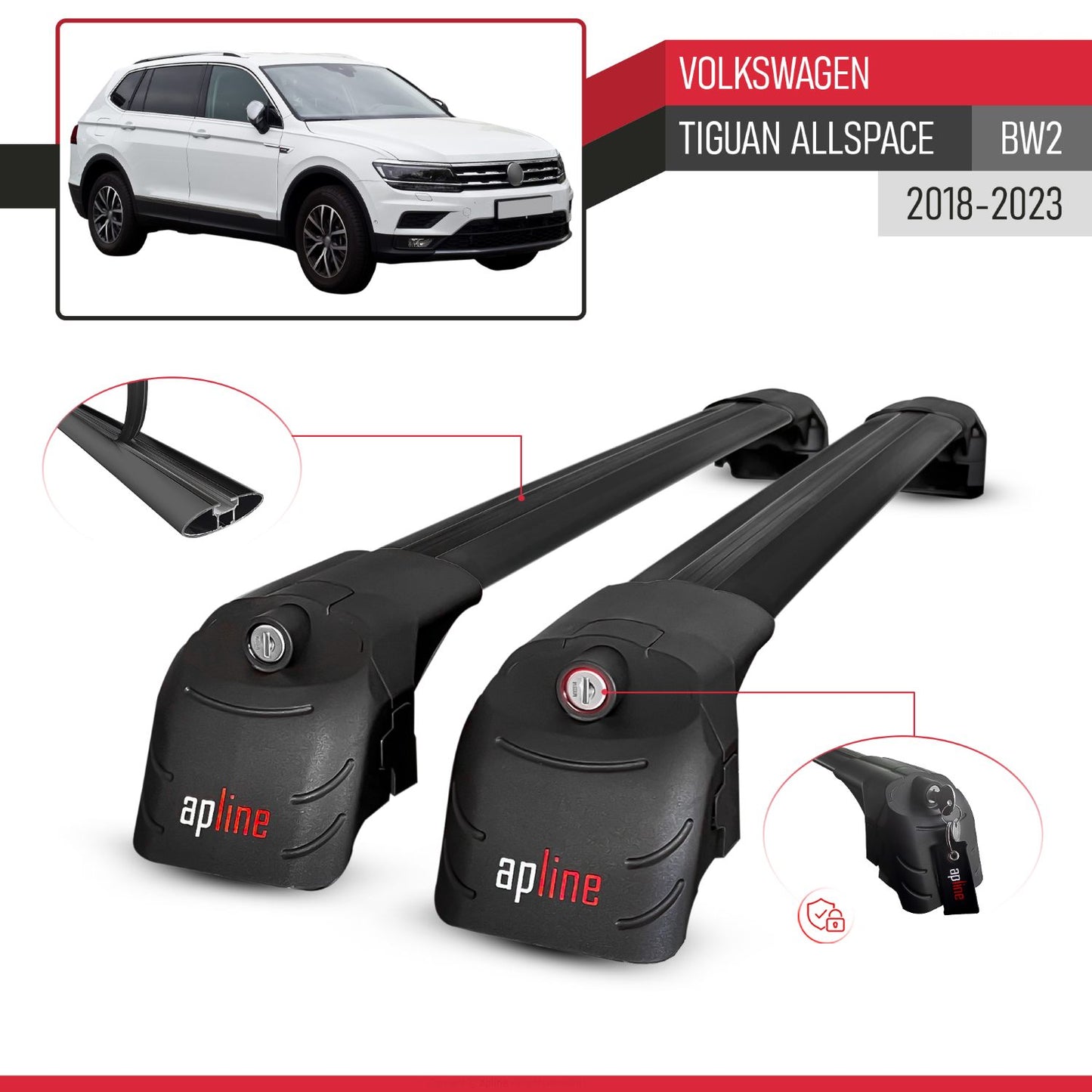 Compatibile con Volkswagen Tiguan Allspace (BW) 2018-2023 ACE-2 Barre Tetto Portapacchi Auto Barre Portatutto Nero Alluminio 2 Barre