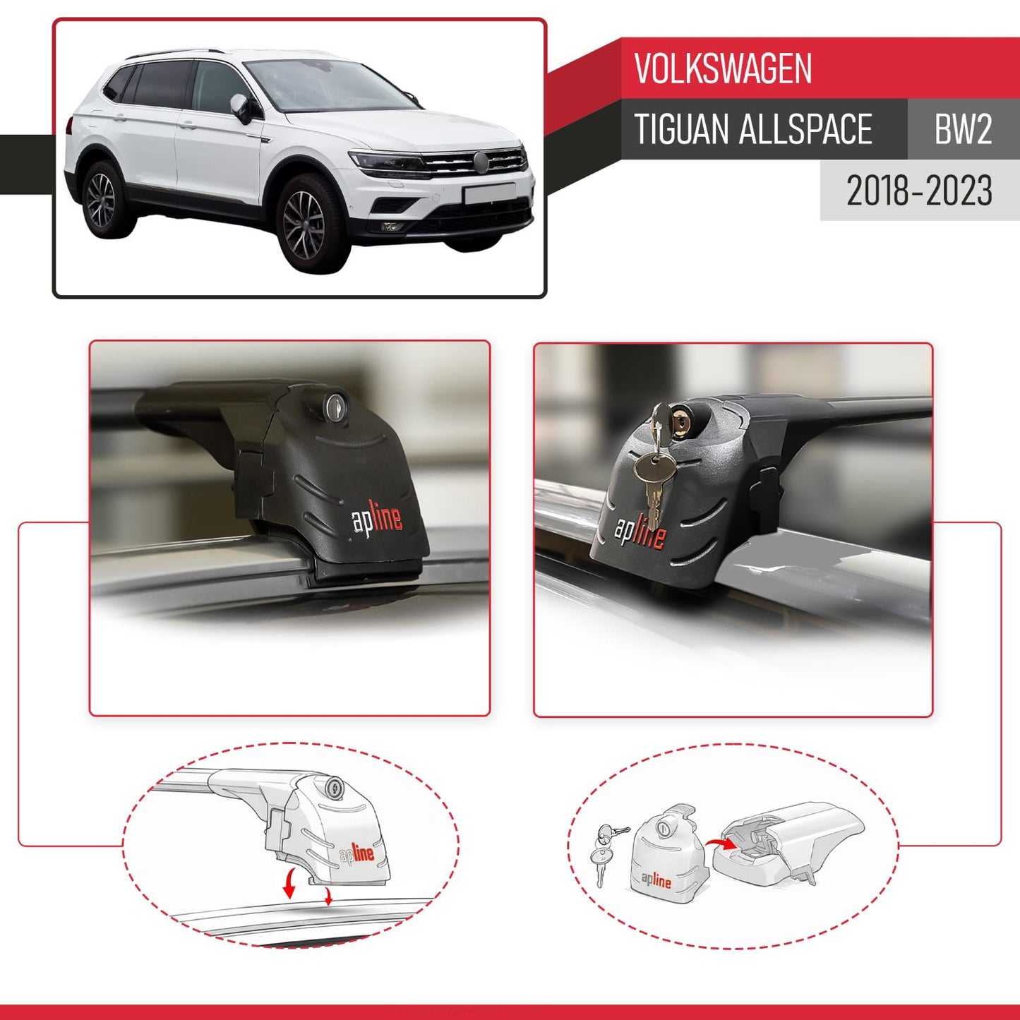 Compatibile con Volkswagen Tiguan Allspace (BW) 2018-2023 ACE-2 Barre Tetto Portapacchi Auto Barre Portatutto Nero Alluminio 2 Barre