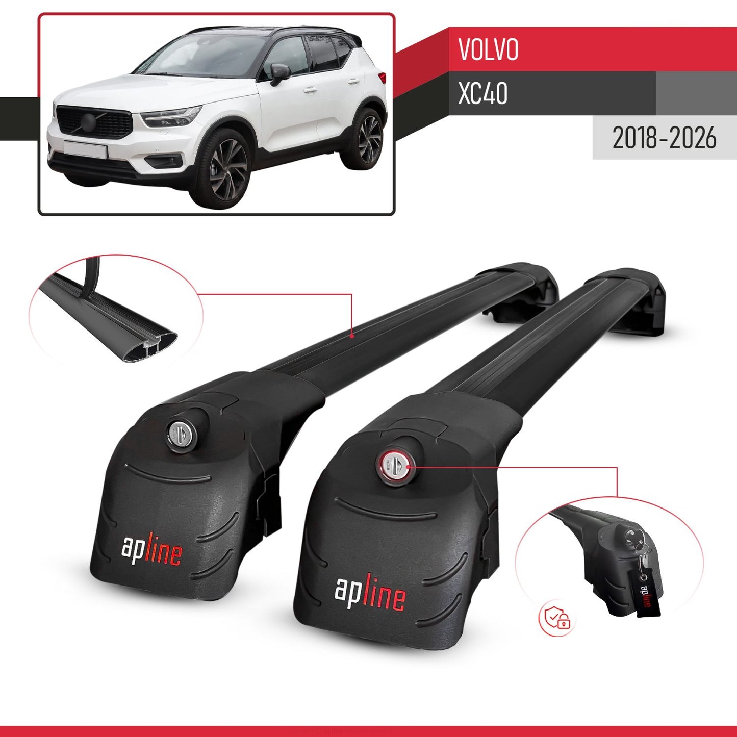 Compatibile con Volvo XC40 2018-2025 ACE-2 Barre Tetto Portapacchi Auto Barre Portatutto Nero Alluminio 2 Barre