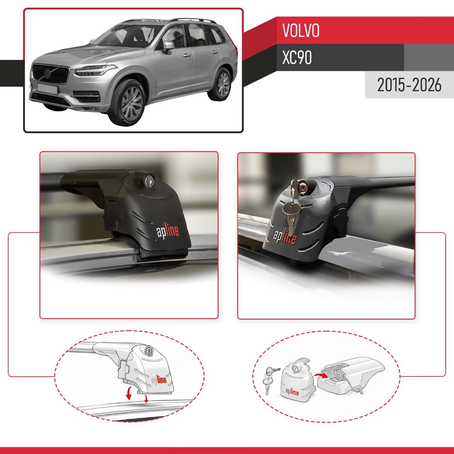 Compatibile con Volvo XC90 II 2015-2025 ACE-2 Barre Tetto Portapacchi Auto Barre Portatutto Nero Alluminio 2 Barre