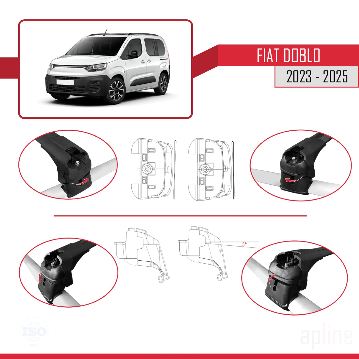 Kompatibel mit Fiat Doblo 3 2023-2025 ACE-2 Dachgepäckträger, Reling, Gepäckträger, schwarzes Aluminium, 2 Stangen
