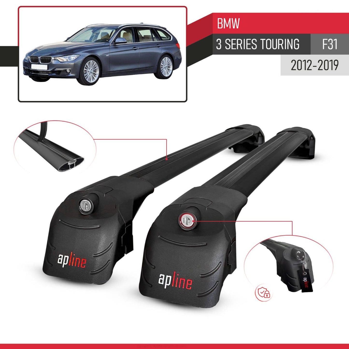 Compatibile con BMW Serie 3 (F31) Touring 2012-2019 ACE-2 Barre Tetto Portapacchi Auto Barre Portatutto Nero Alluminio 2 Barre