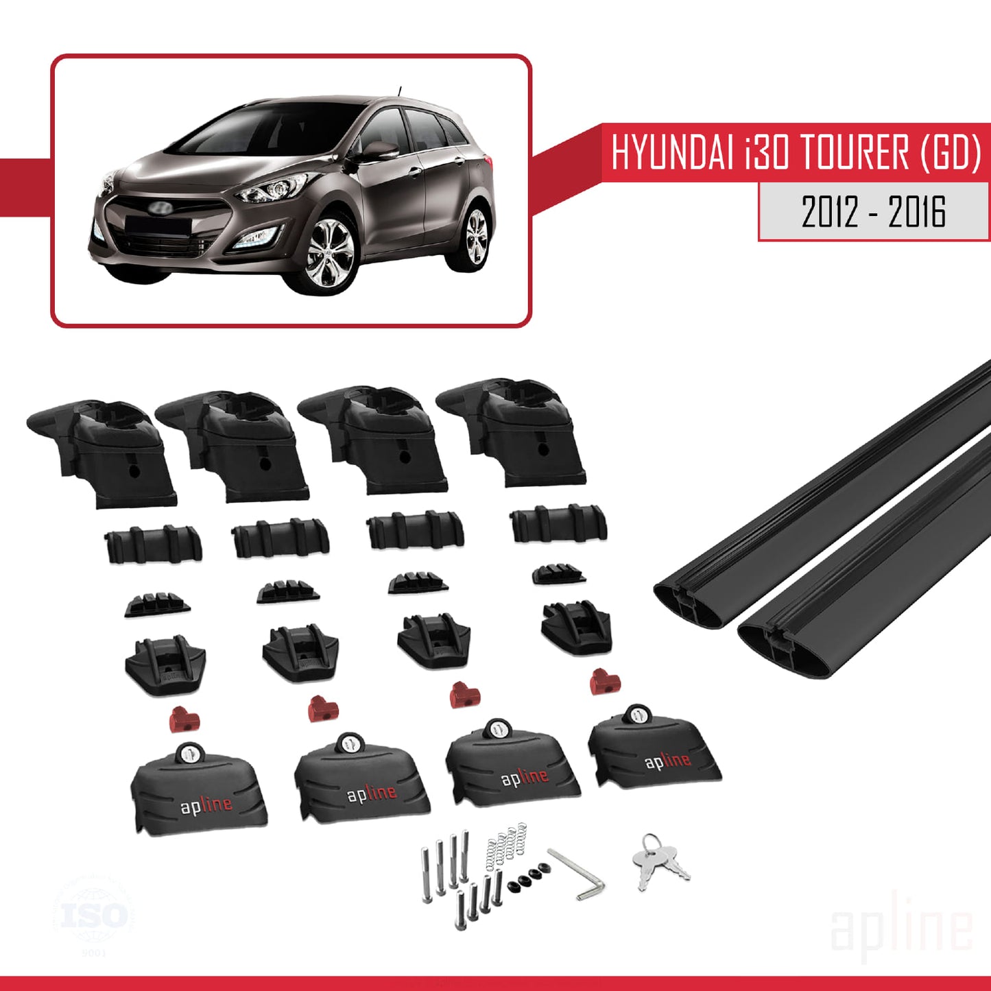 Compatibile con Hyundai i30 2 (GD) Tourer 2012-2016 ACE-2 Barre portatutto per auto Portapacchi in alluminio nero 2 barre