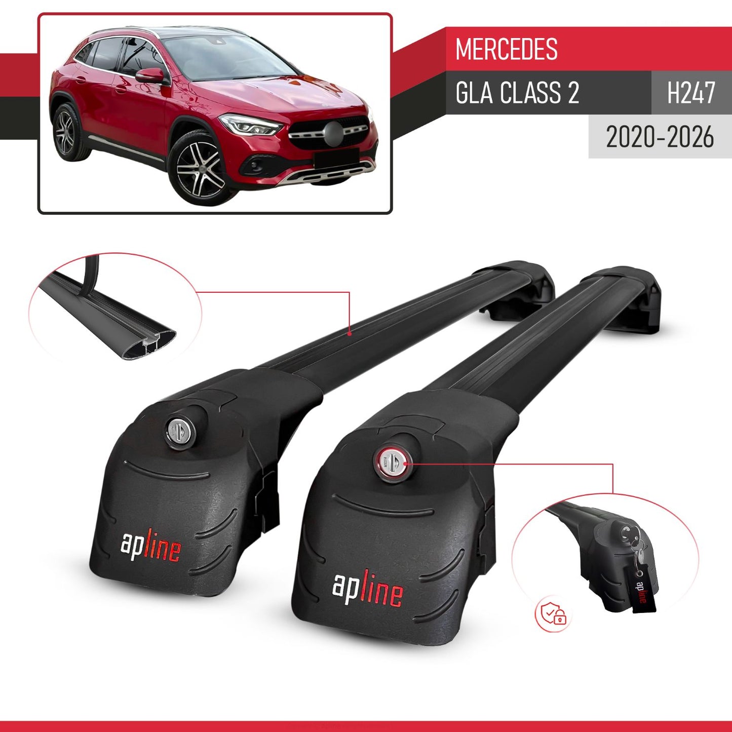 Compatible with Mercedes GLA Class 2 (H247) 2020-2025 ACE-2 Car Roof Rack Cross Bar Black Aluminium 2 Bars