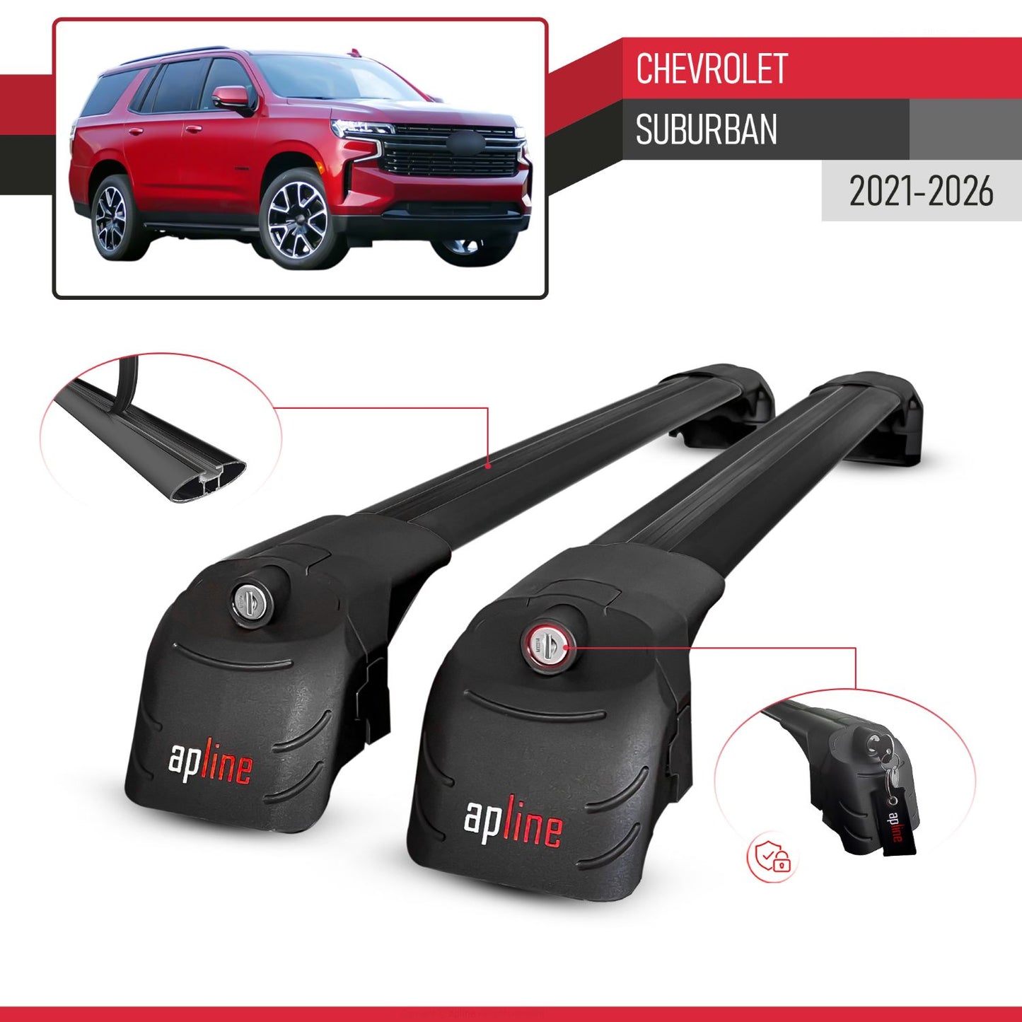 Compatible with Chevrolet Suburban 2021-2024 ACE-2 Car Roof Rack Cross Bar Black Aluminium 2 Bars
