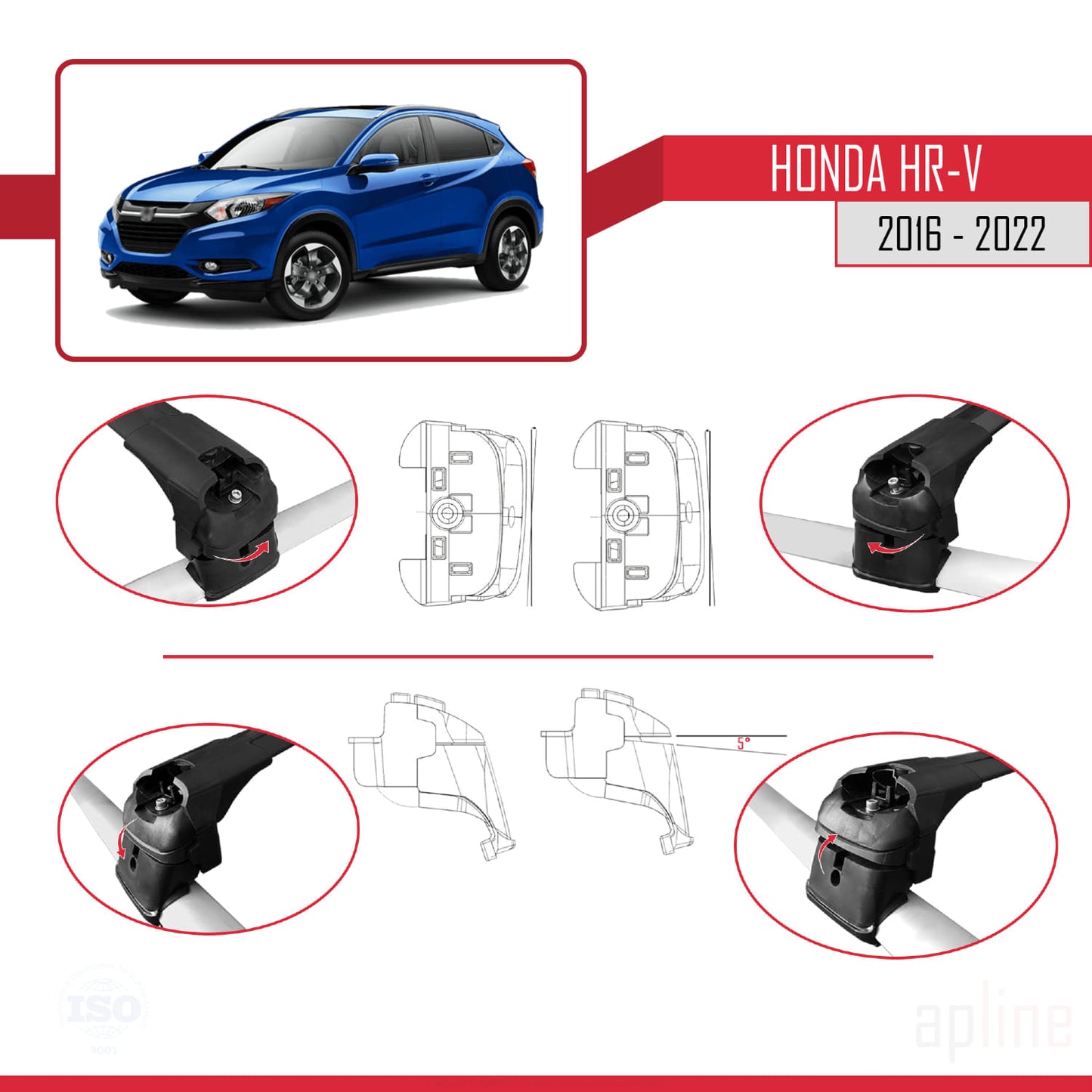 Compatible avec Honda HR-V 2016-2022 ACE-2 Barres de Toit Railing Porte-Bagages de Voiture Noir Aluminium 2 Barres