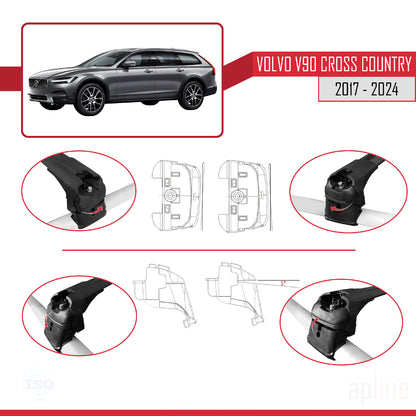 Compatible avec Volvo V90 Cross Country 2017-2024 ACE-2 Barres de Toit Railing Porte-Bagages de Voiture Noir Aluminium 2 Barres
