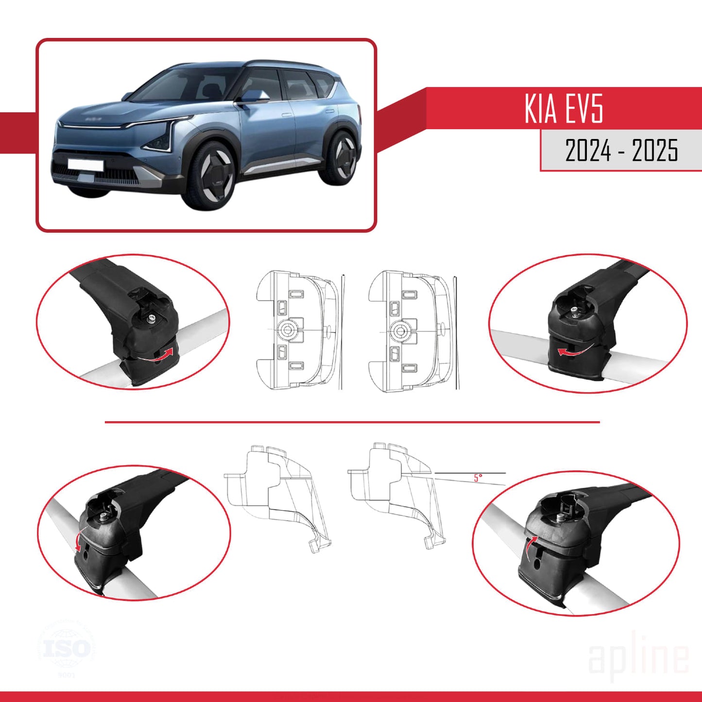 Compatible avec Kia EV5 2024-2025 ACE-2 Barres de Toit Railing Porte-Bagages de Voiture Noir Aluminium 2 Barres