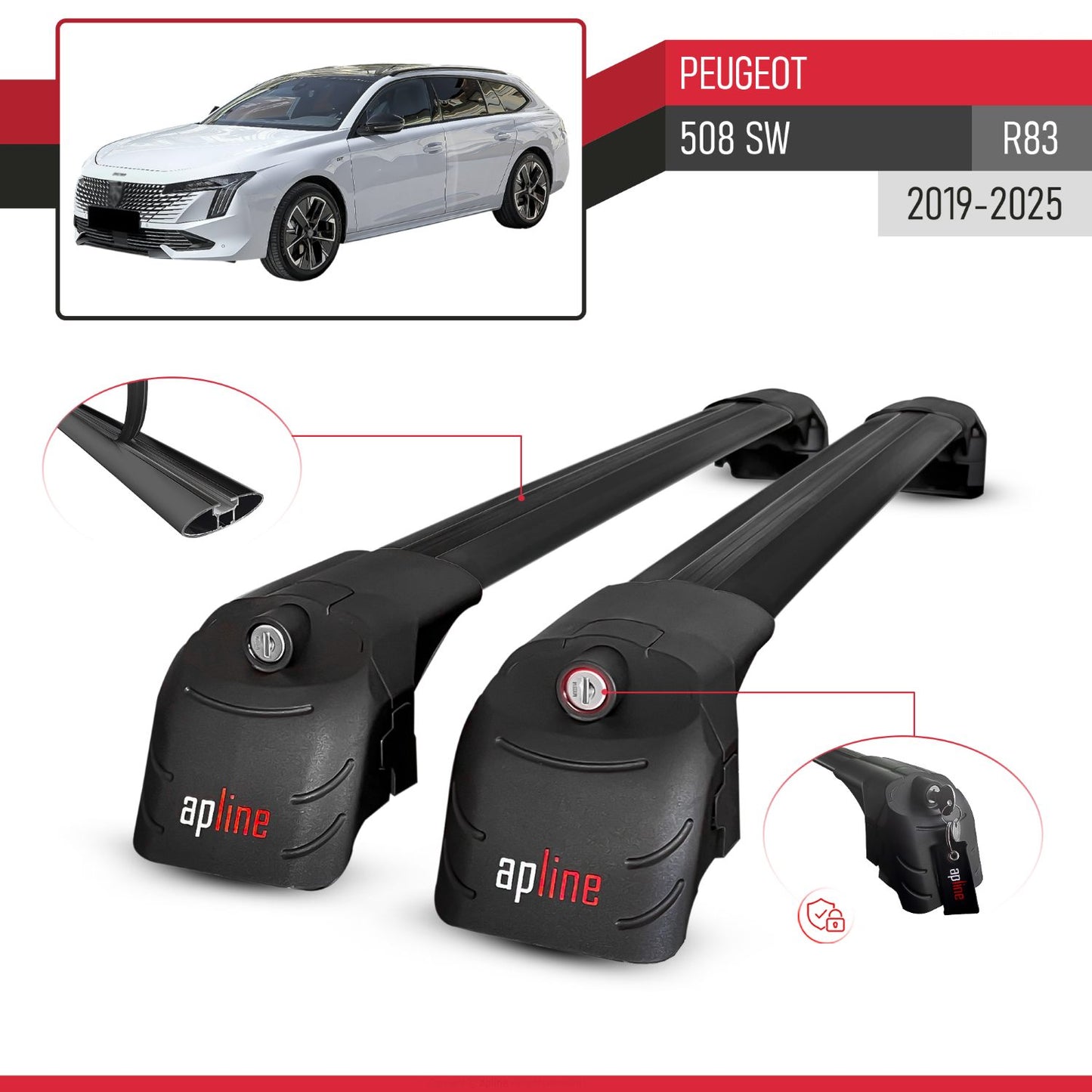 Compatible with Peugeot 508 SW 2019-2025 ACE-2 Car Roof Rack Cross Bar Black Aluminium 2 Bars
