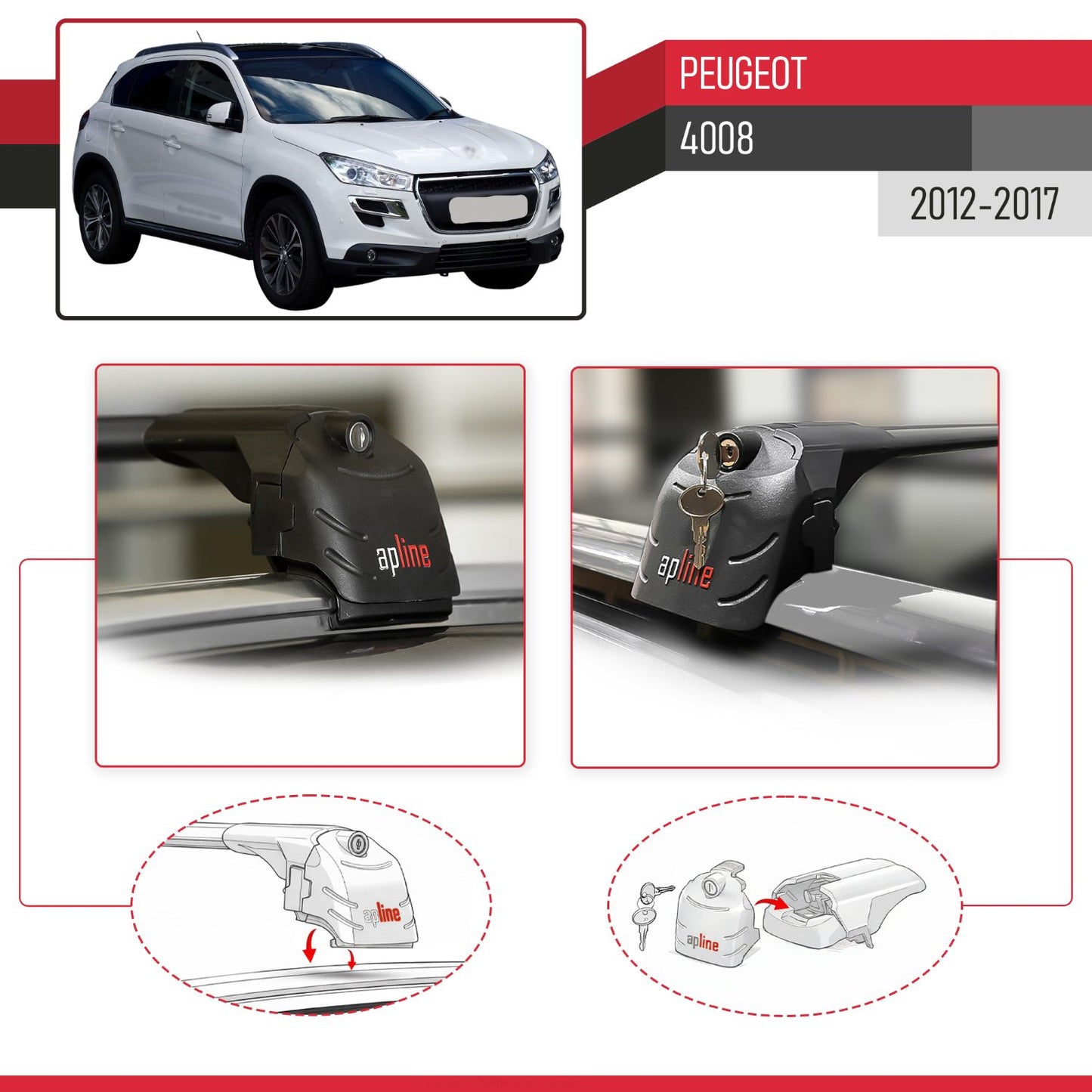 Compatible with Peugeot 4008 2012-2017 ACE-2 Car Roof Rack Cross Bar Black Aluminium 2 Bars