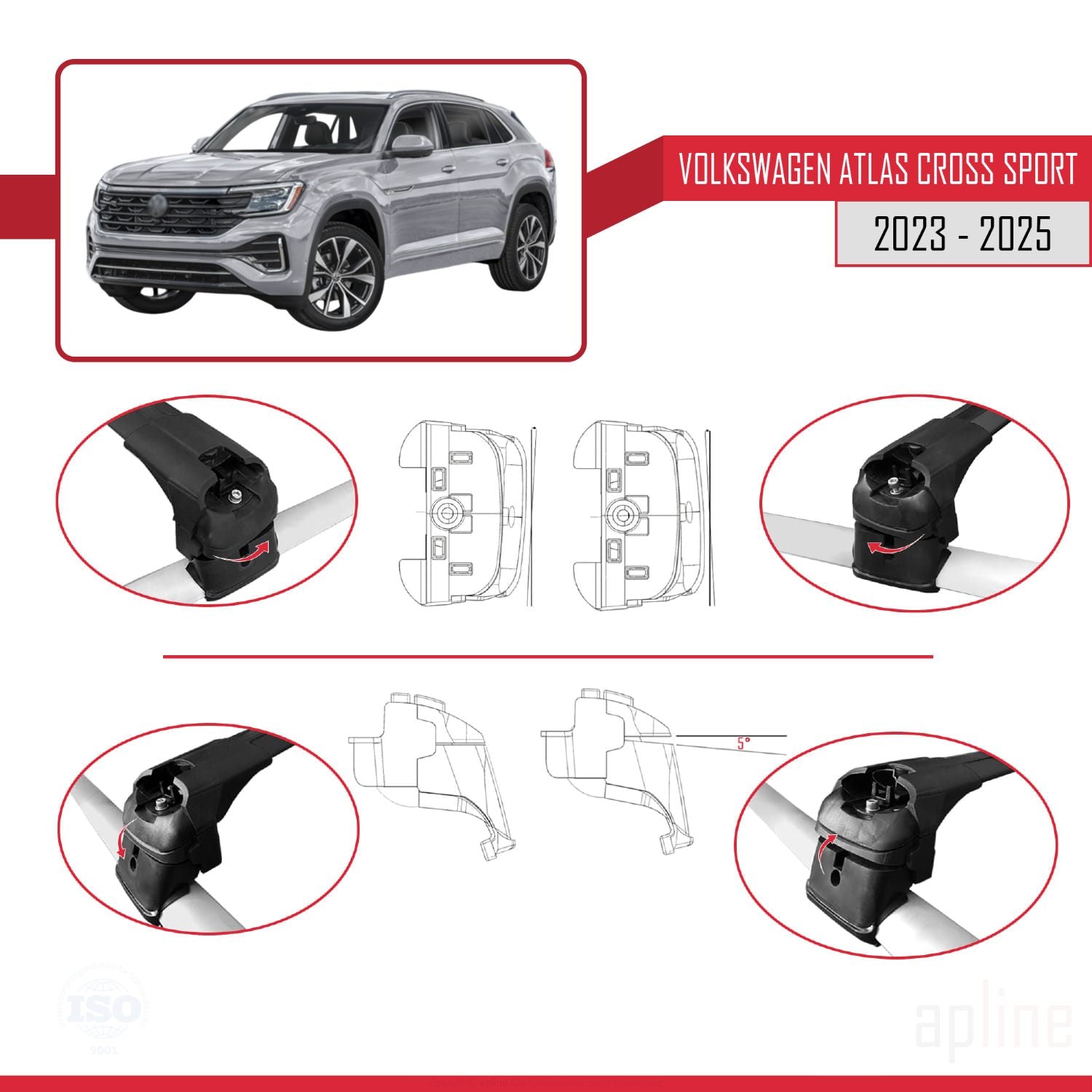 Compatible avec Volkswagen Atlas Cross Sport 2023-2025 ACE-2 Barres de Toit Railing Porte-Bagages de Voiture Noir Aluminium 2 Barres