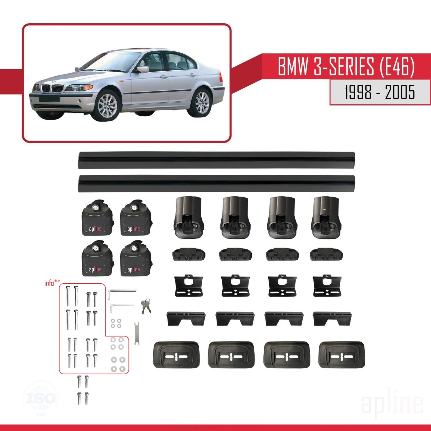 Compatibile con BMW Serie 3 (E46) 1998-2005 Barre portatutto ACE-3 per auto, barre portatutto in alluminio nero, 2 barre