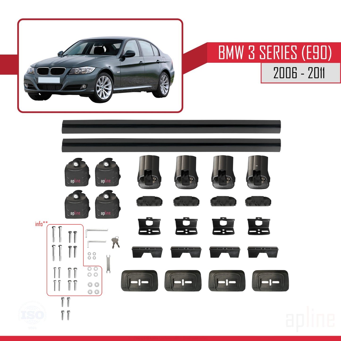 Compatibile con BMW Serie 3 (E90) 2006-2011 Barre portatutto ACE-3 in alluminio nero, 2 barre