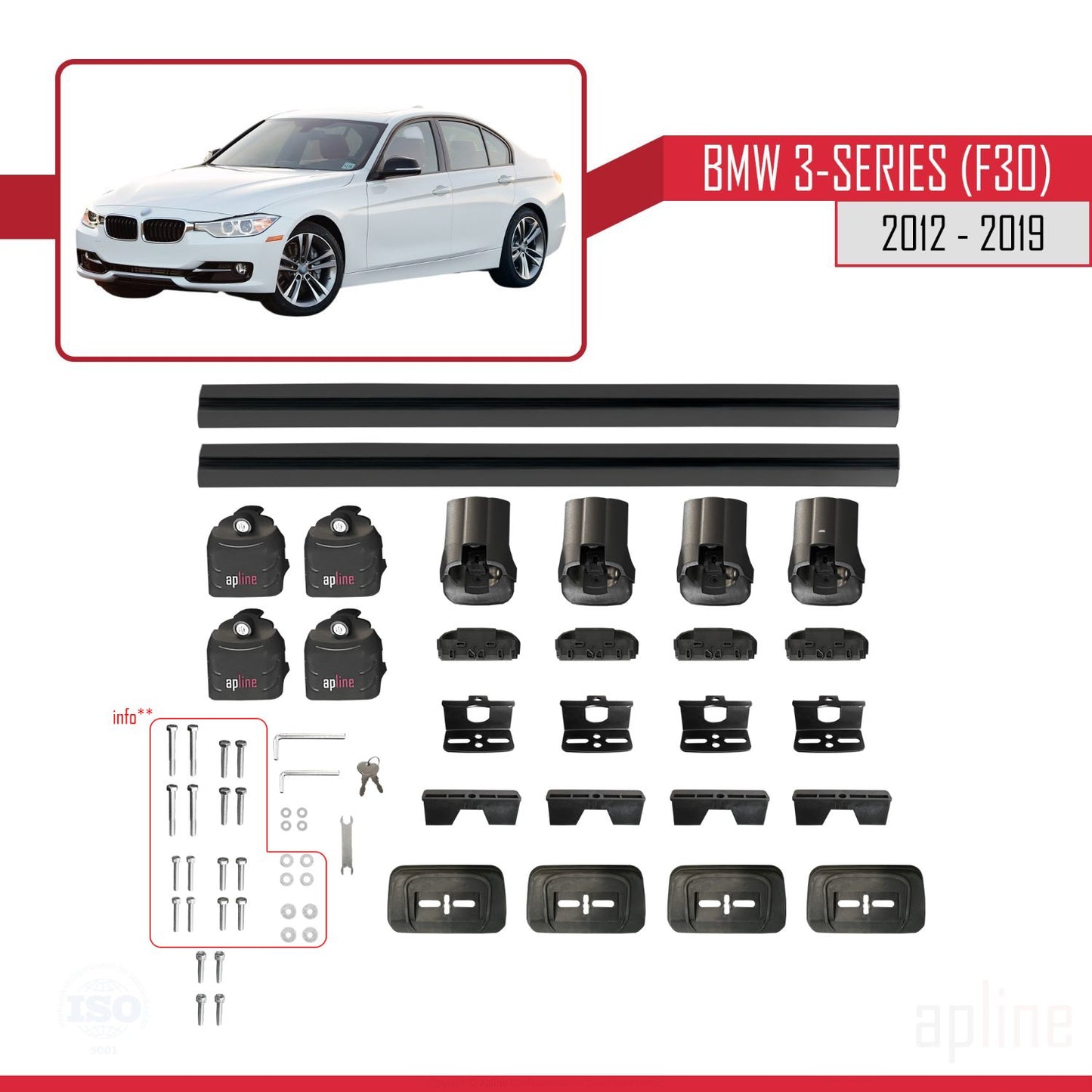 Compatibile con BMW Serie 3 (F30) 2012-2019 Barre portatutto ACE-3 in alluminio nero, 2 barre