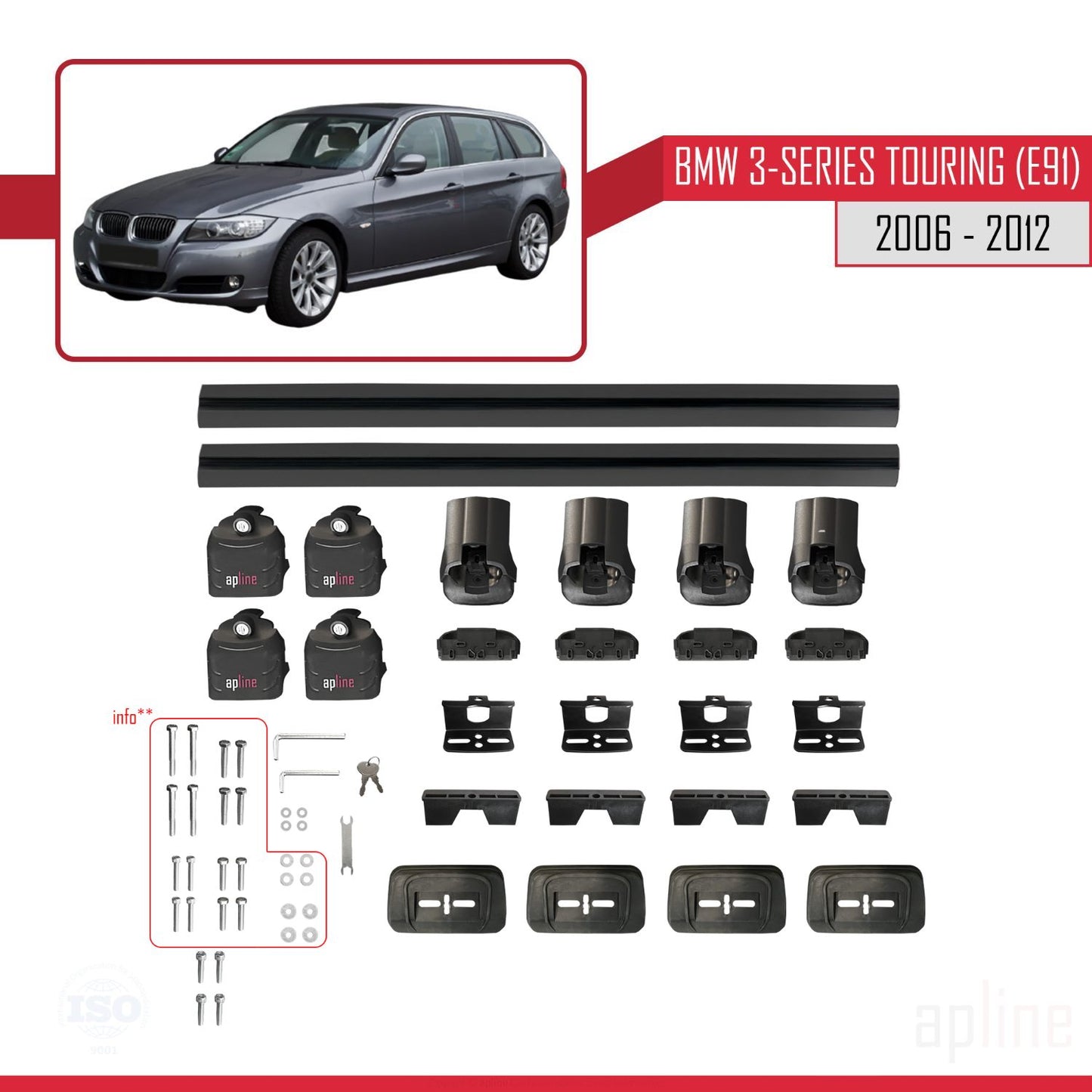Compatibile con BMW Serie 3 Touring (E91) 2006-2012 Barre portatutto ACE-3 Portapacchi per auto in alluminio nero 2 barre
